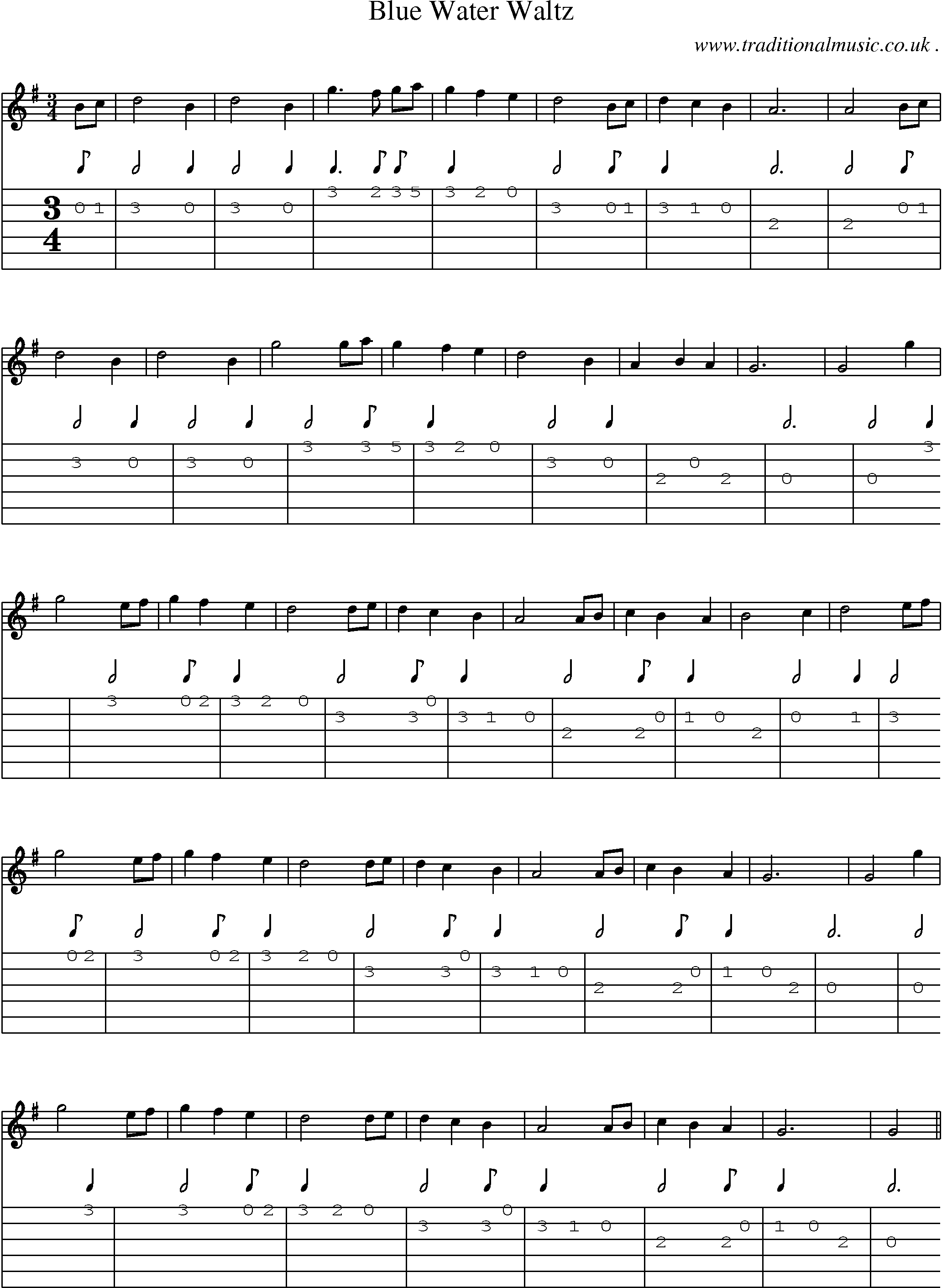 Sheet-music  score, Chords and Guitar Tabs for Blue Water Waltz