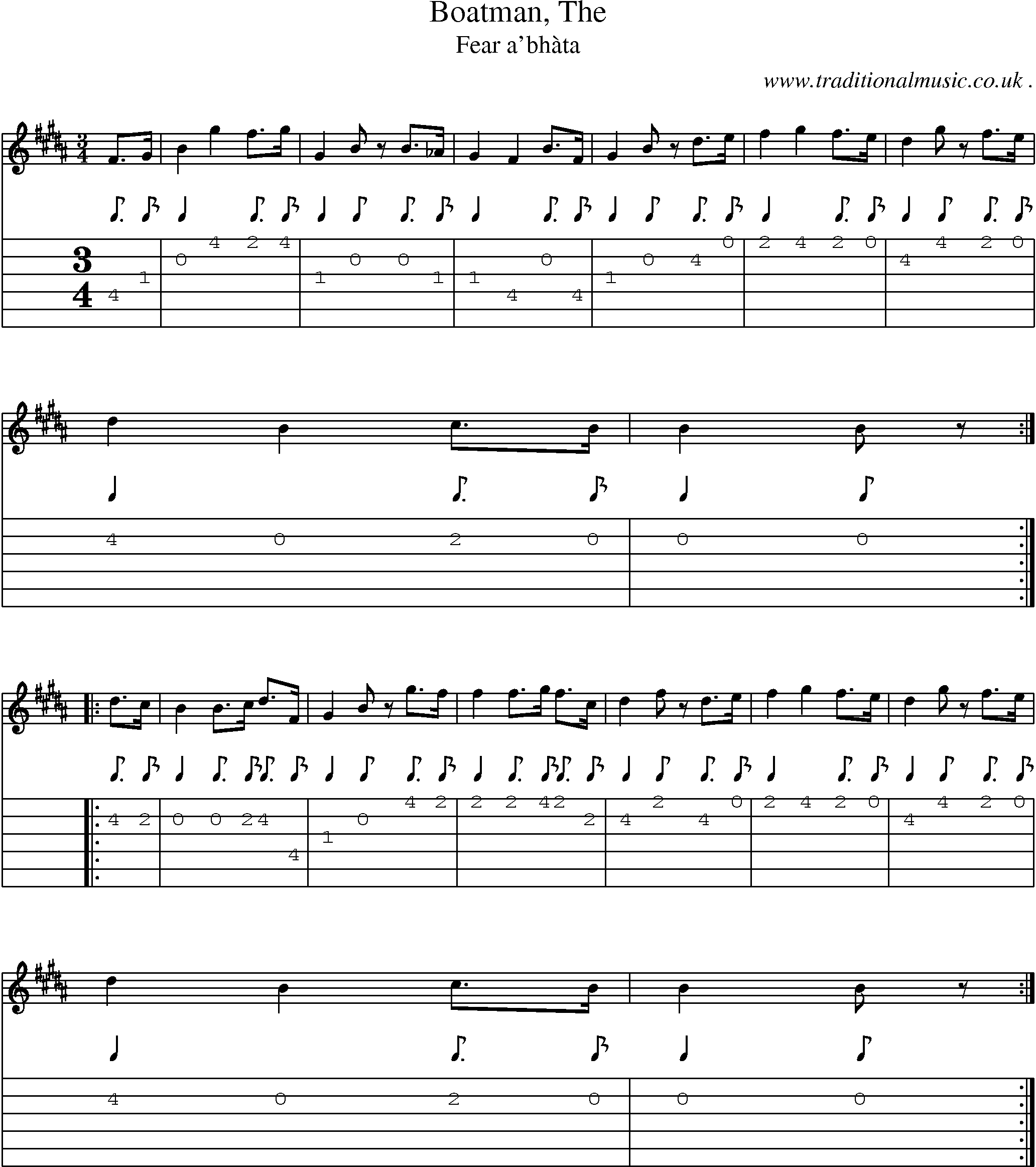 Sheet-music  score, Chords and Guitar Tabs for Boatman The