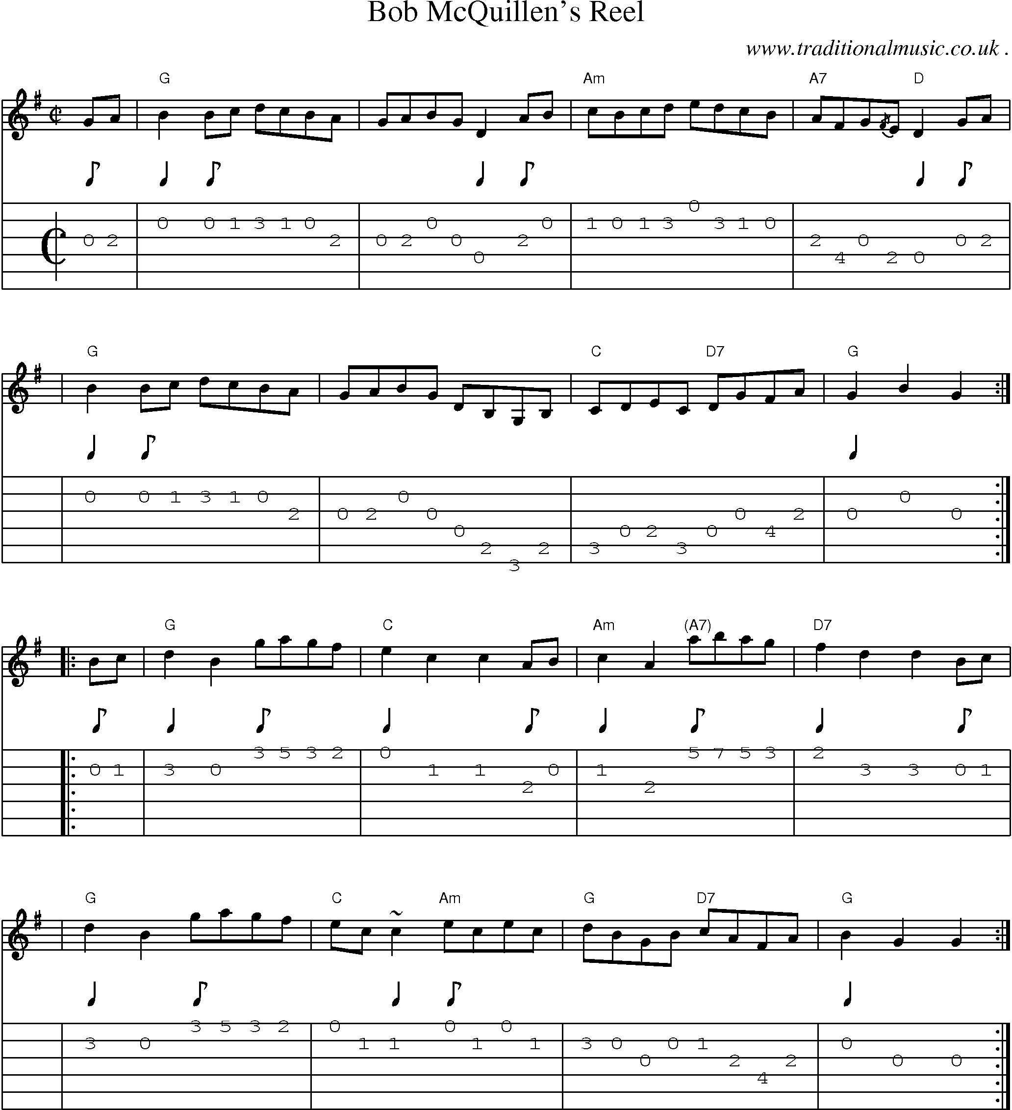 Sheet-music  score, Chords and Guitar Tabs for Bob Mcquillens Reel
