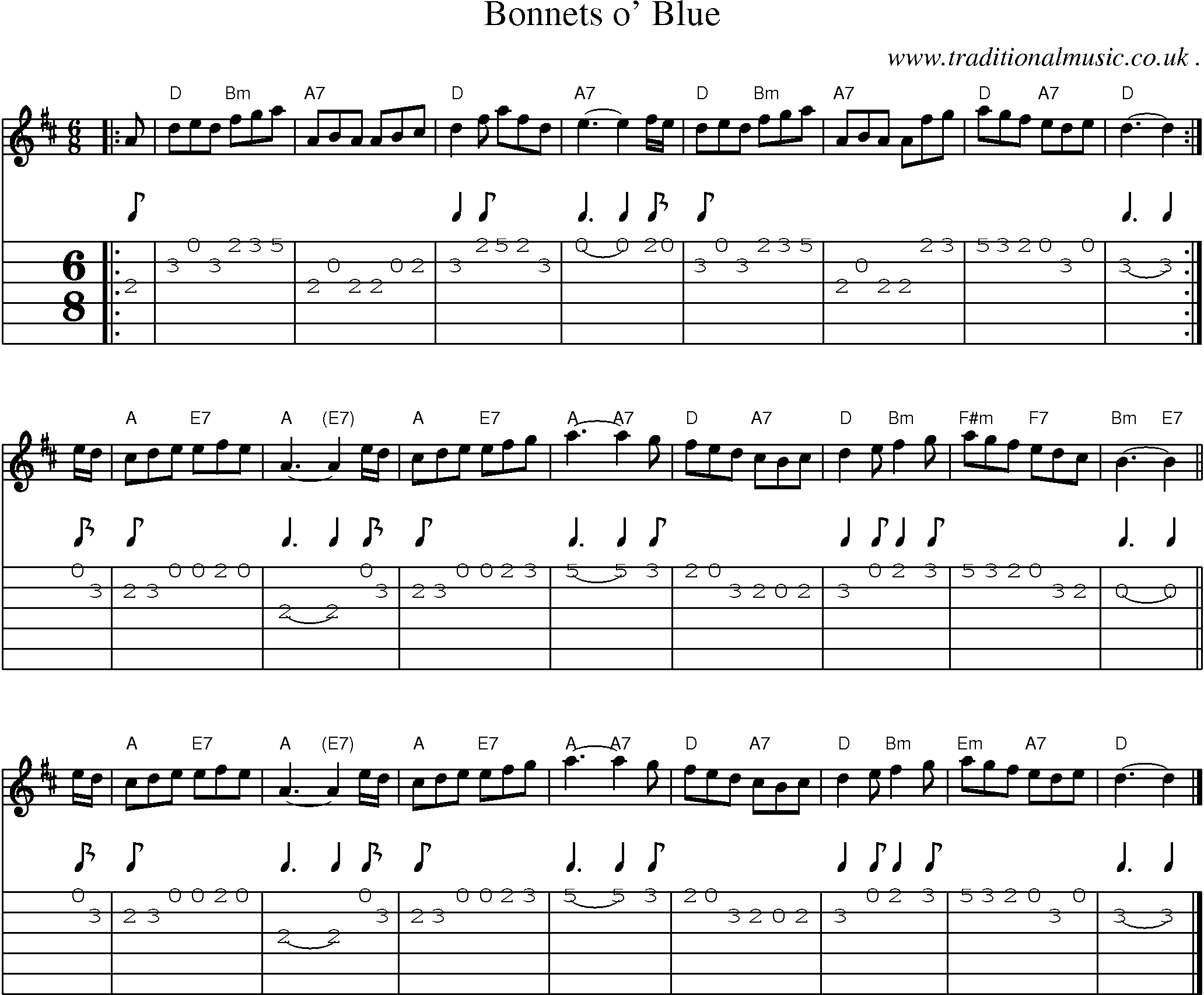 Sheet-music  score, Chords and Guitar Tabs for Bonnets O Blue