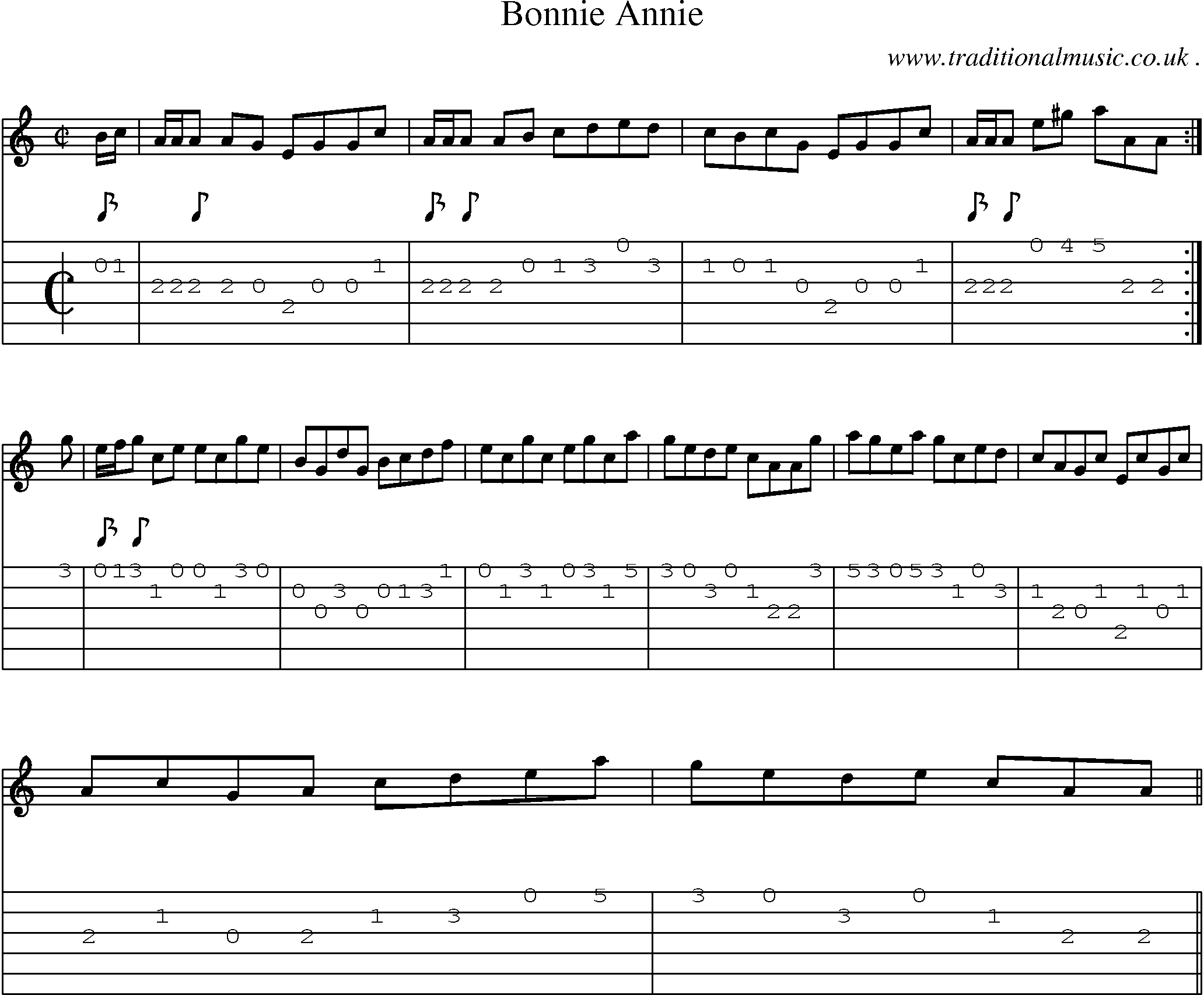 Sheet-music  score, Chords and Guitar Tabs for Bonnie Annie