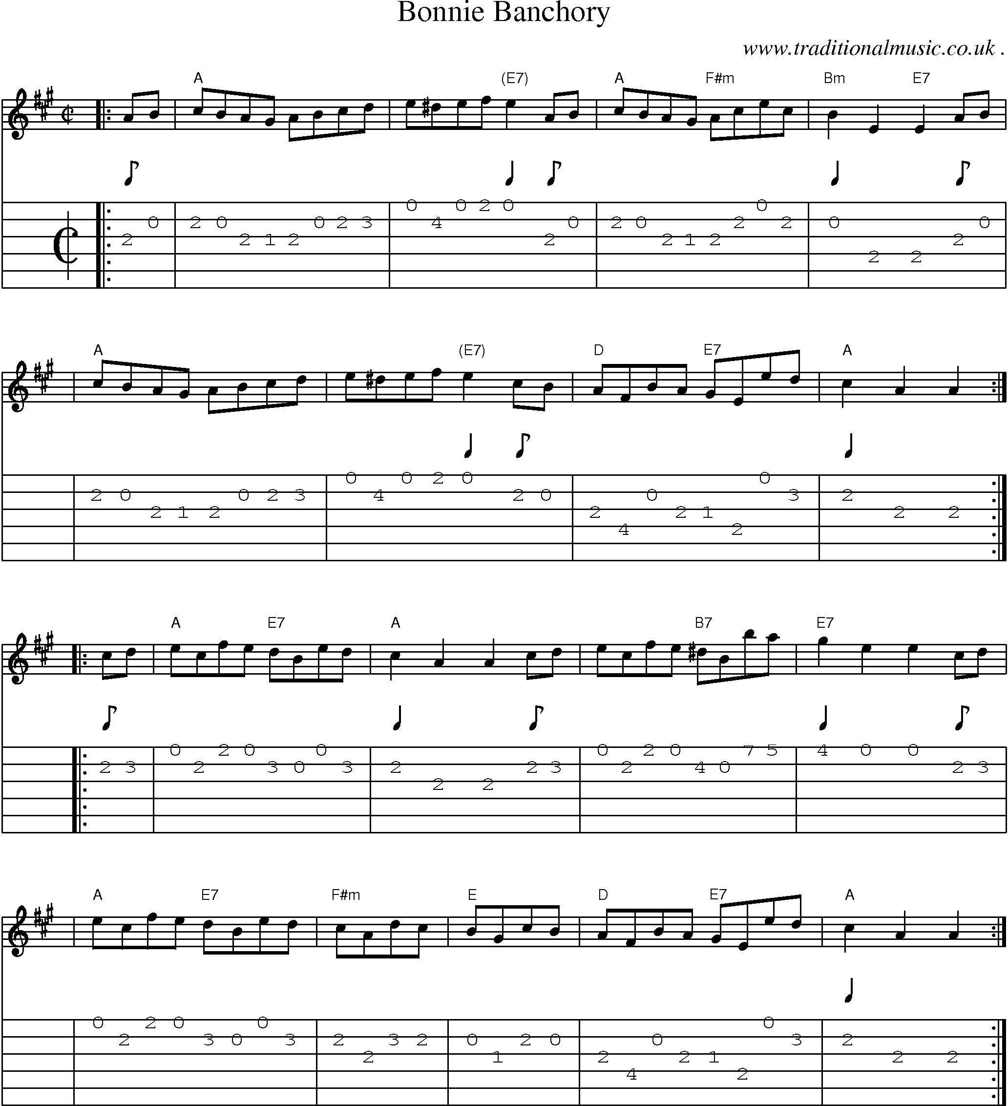 Sheet-music  score, Chords and Guitar Tabs for Bonnie Banchory