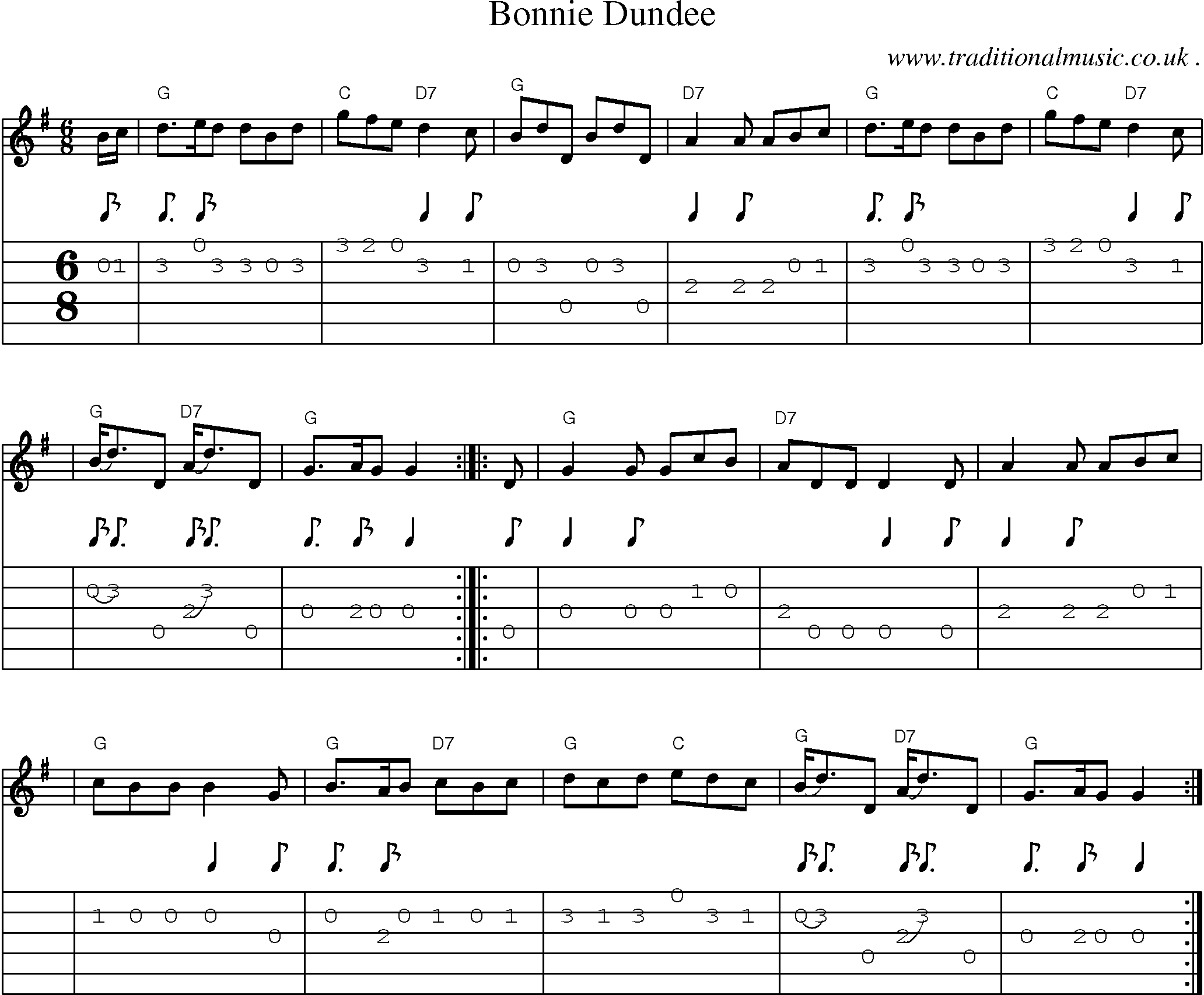 Sheet-music  score, Chords and Guitar Tabs for Bonnie Dundee