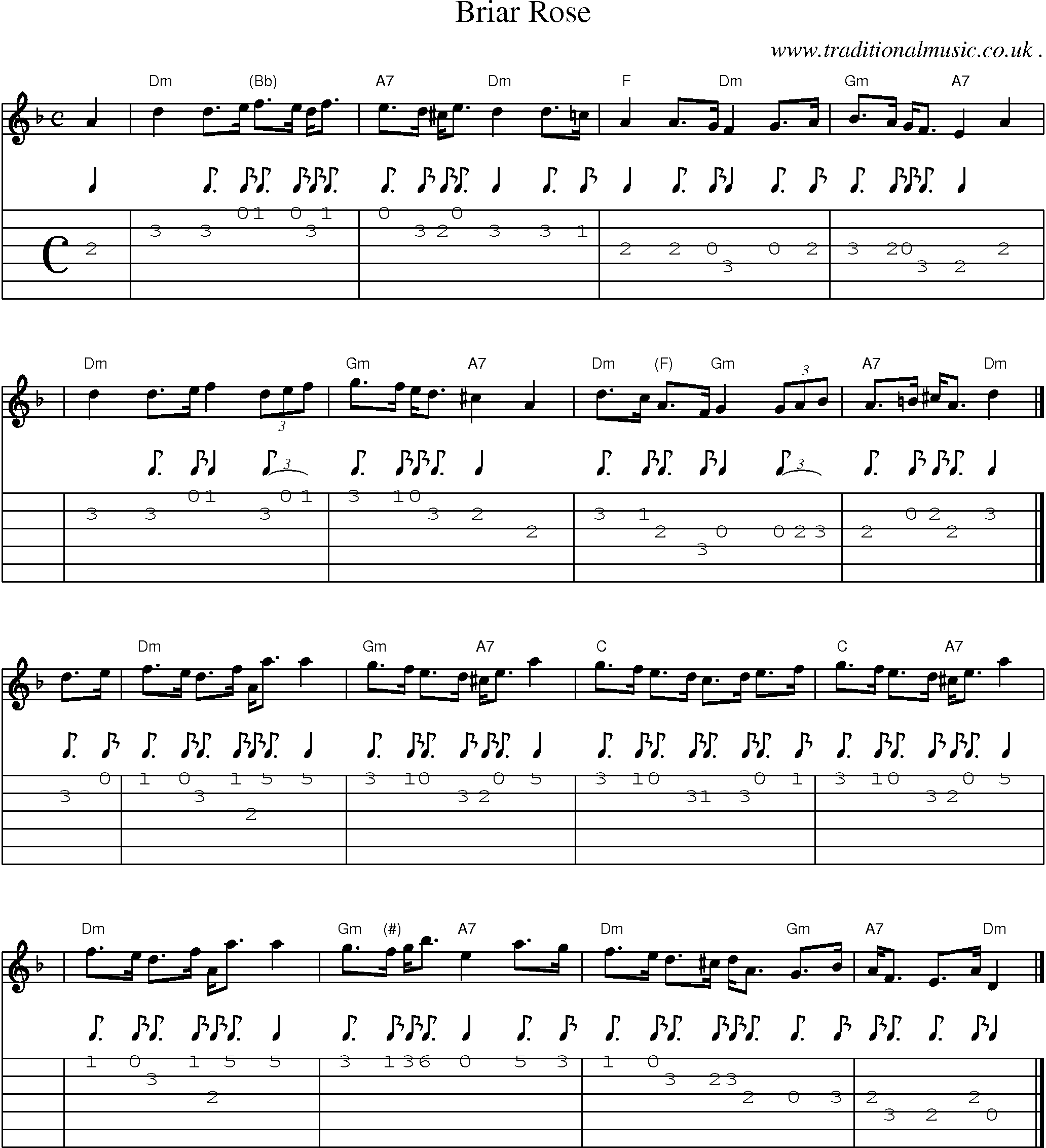 Sheet-music  score, Chords and Guitar Tabs for Briar Rose