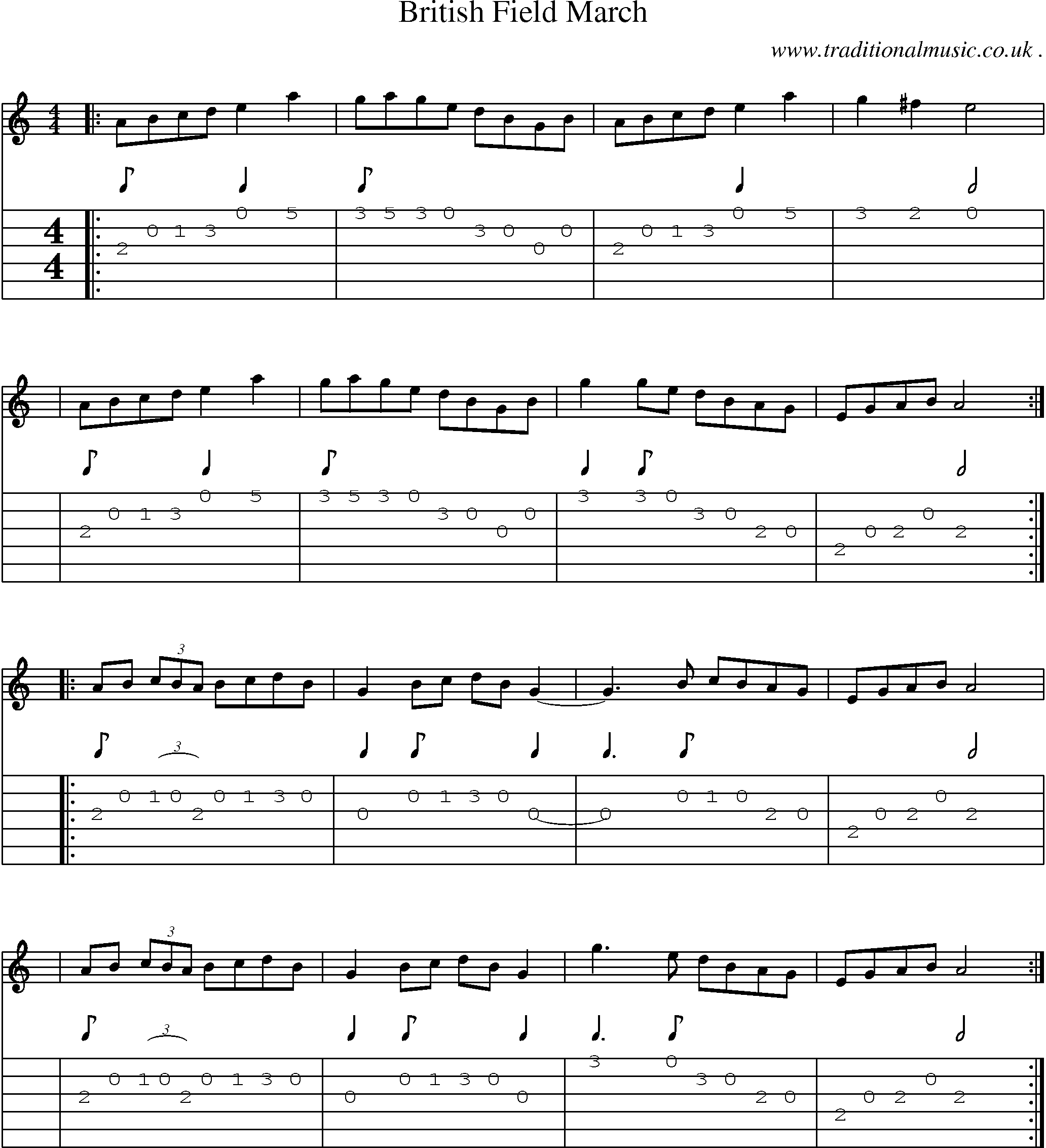 Sheet-music  score, Chords and Guitar Tabs for British Field March