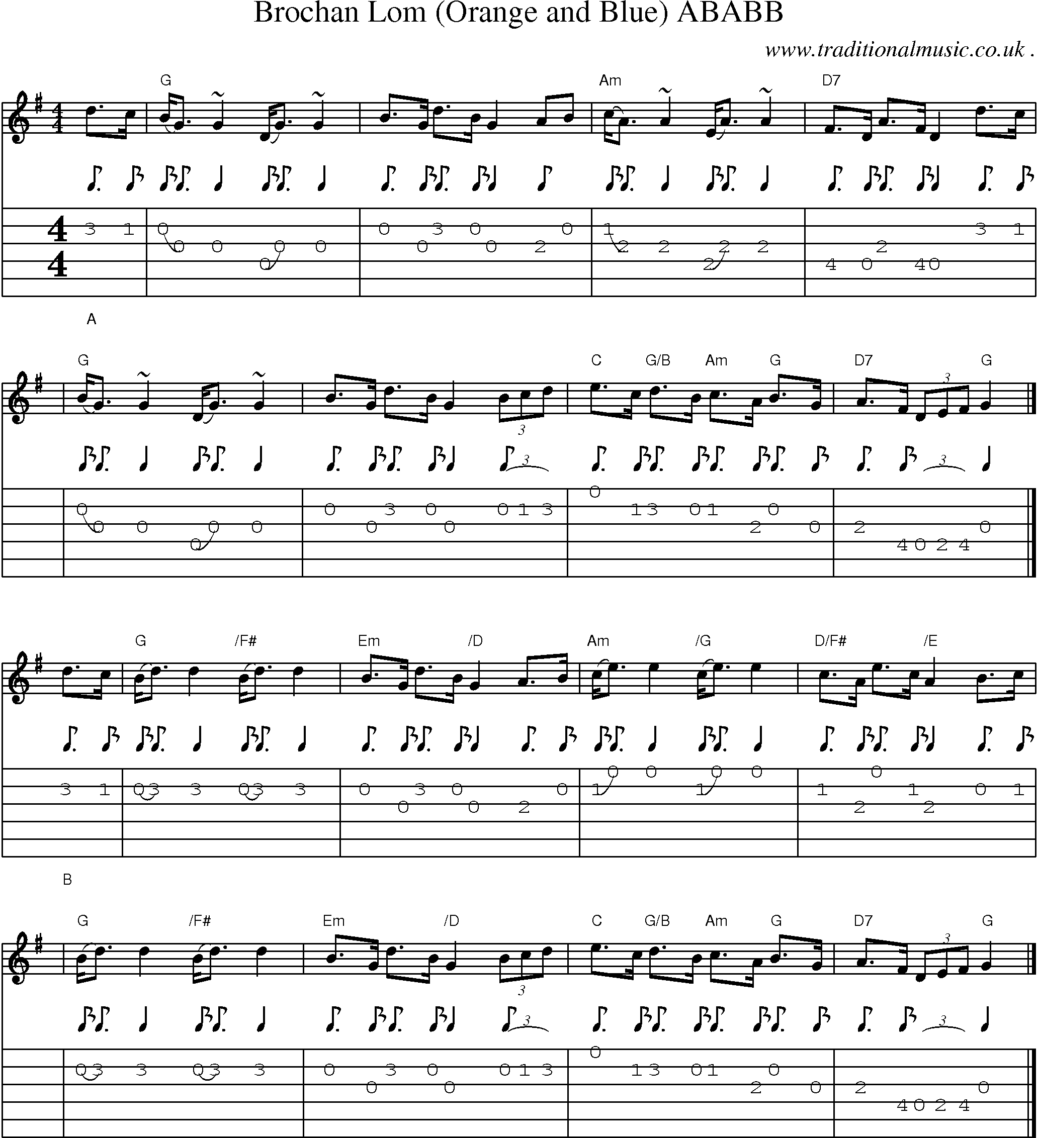 Sheet-music  score, Chords and Guitar Tabs for Brochan Lom Orange And Blue Ababb