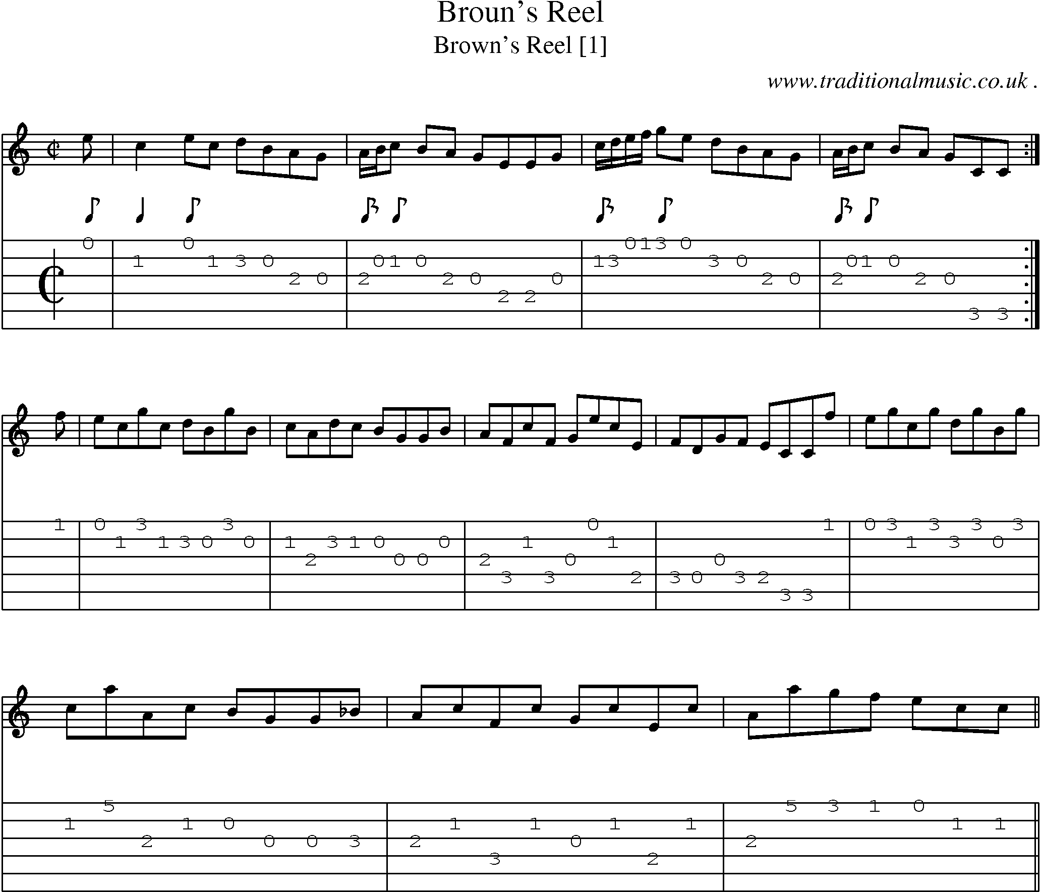 Sheet-music  score, Chords and Guitar Tabs for Brouns Reel