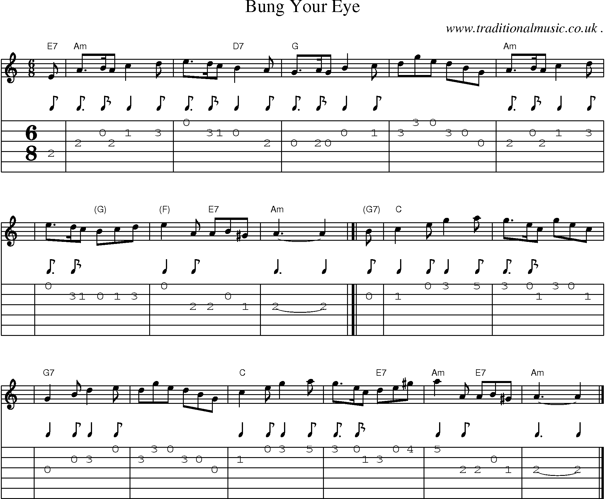 Sheet-music  score, Chords and Guitar Tabs for Bung Your Eye