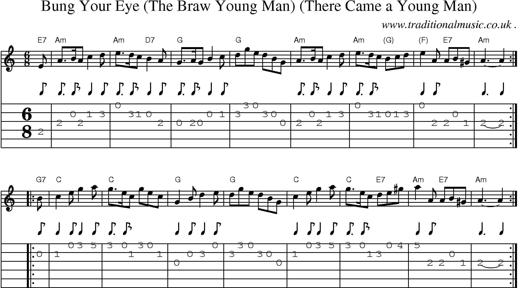 Sheet-music  score, Chords and Guitar Tabs for Bung Your Eye The Braw Young Man There Came A Young Man
