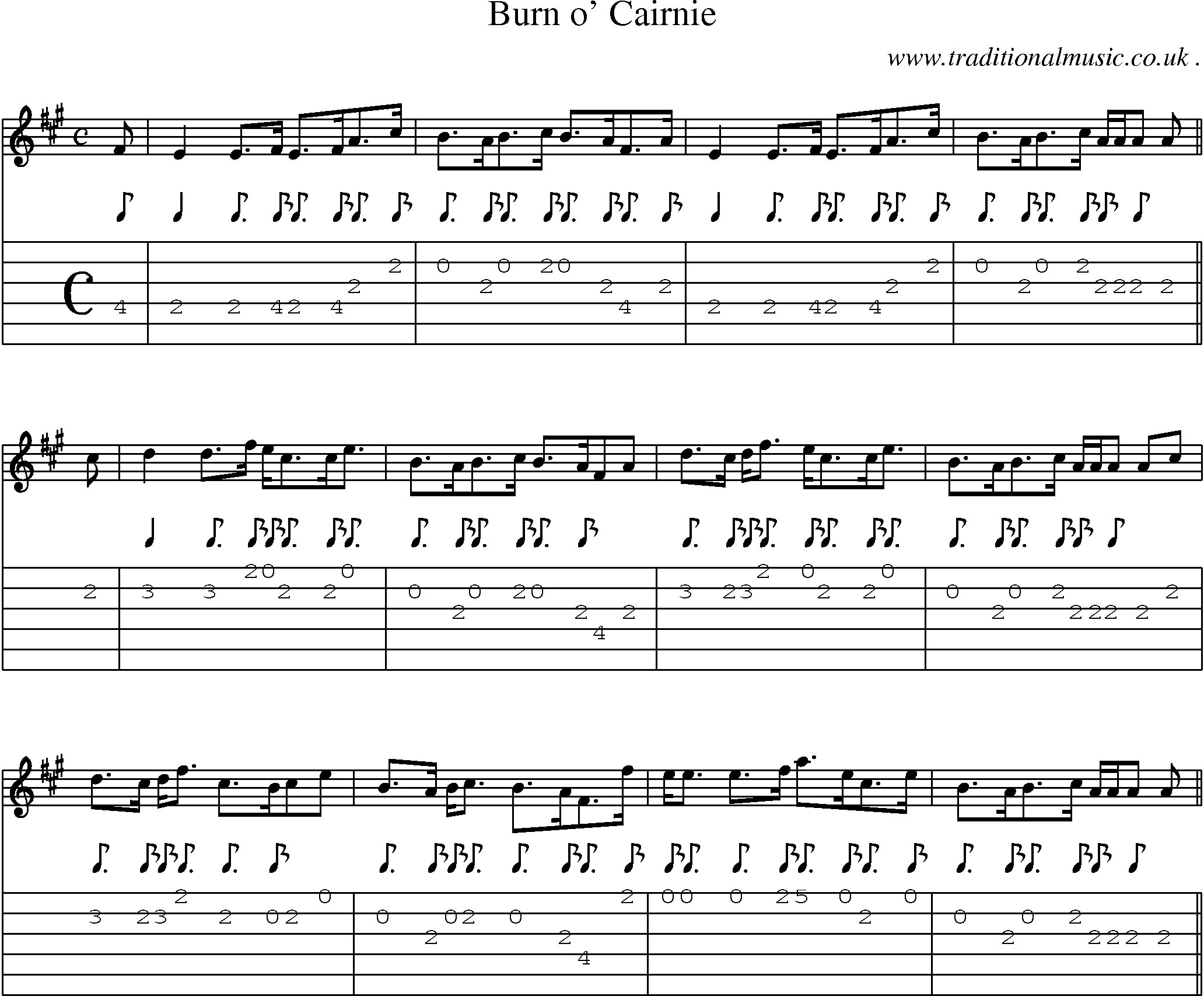 Sheet-music  score, Chords and Guitar Tabs for Burn O Cairnie