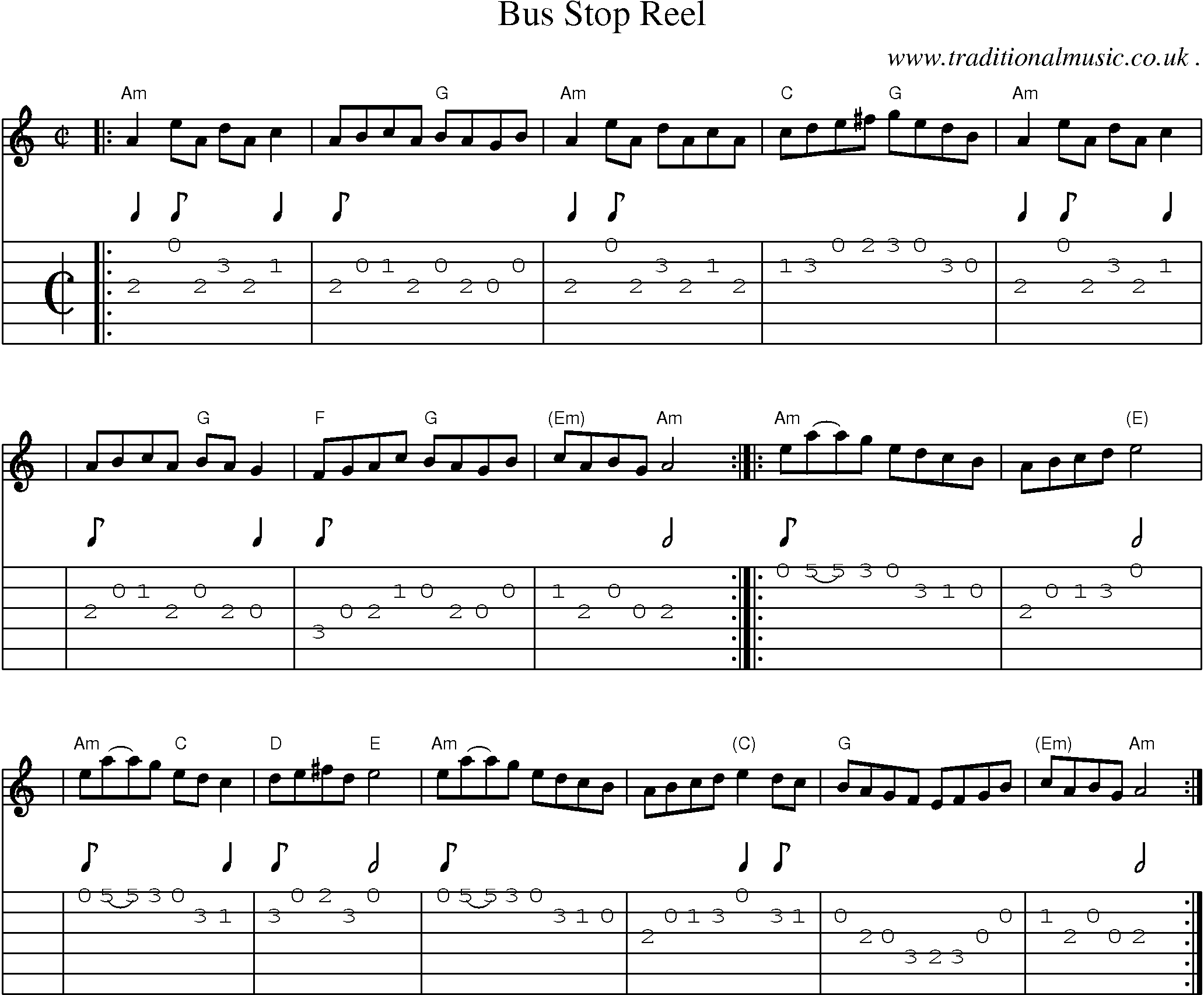 Sheet-music  score, Chords and Guitar Tabs for Bus Stop Reel