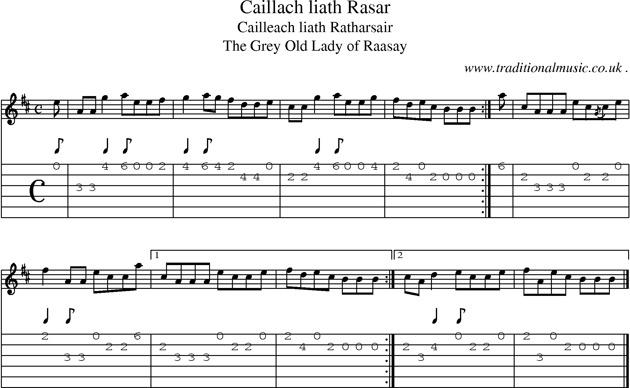 Sheet-music  score, Chords and Guitar Tabs for Caillach Liath Rasar