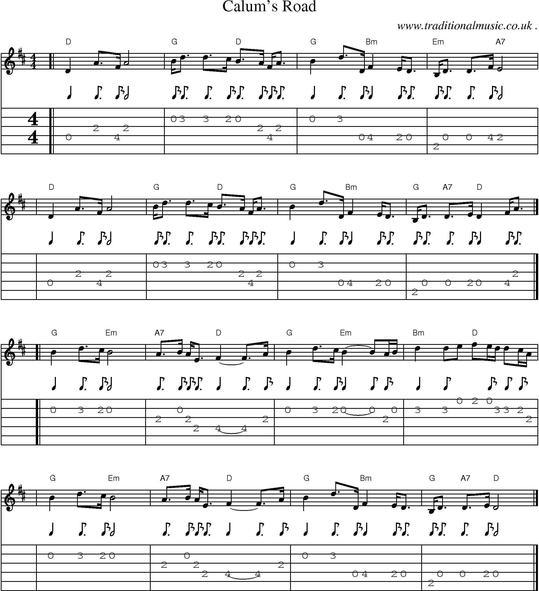 Sheet-music  score, Chords and Guitar Tabs for Calums Road