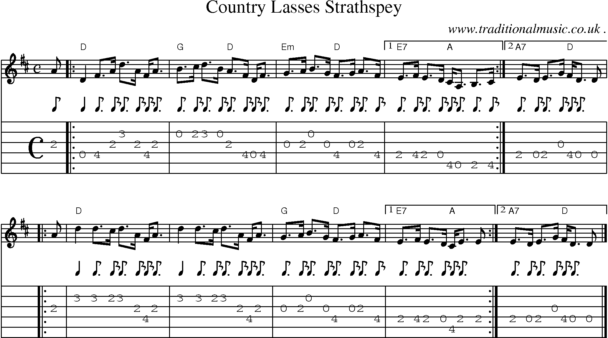 Sheet-music  score, Chords and Guitar Tabs for Country Lasses Strathspey