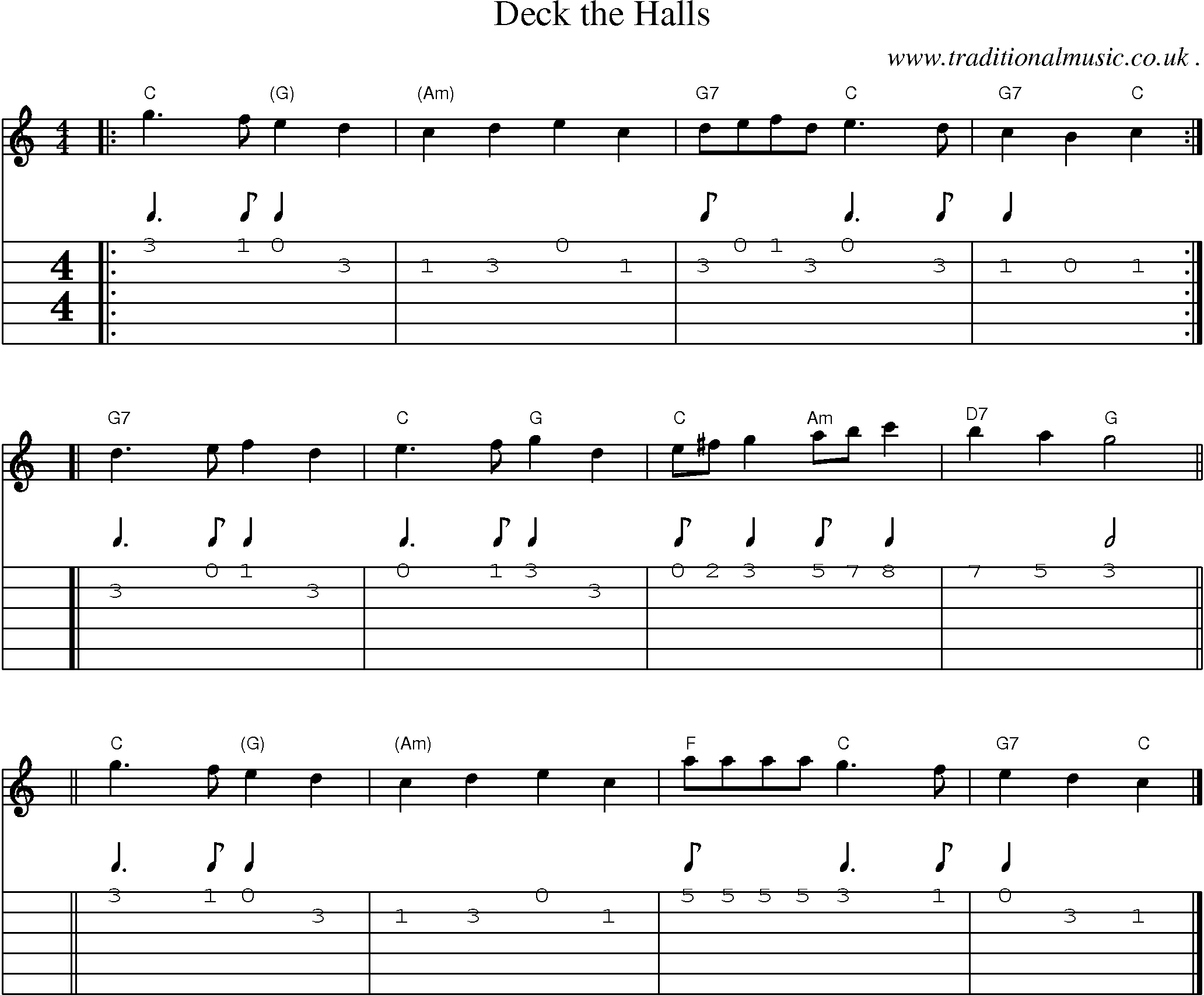 Sheet-music  score, Chords and Guitar Tabs for Deck The Halls
