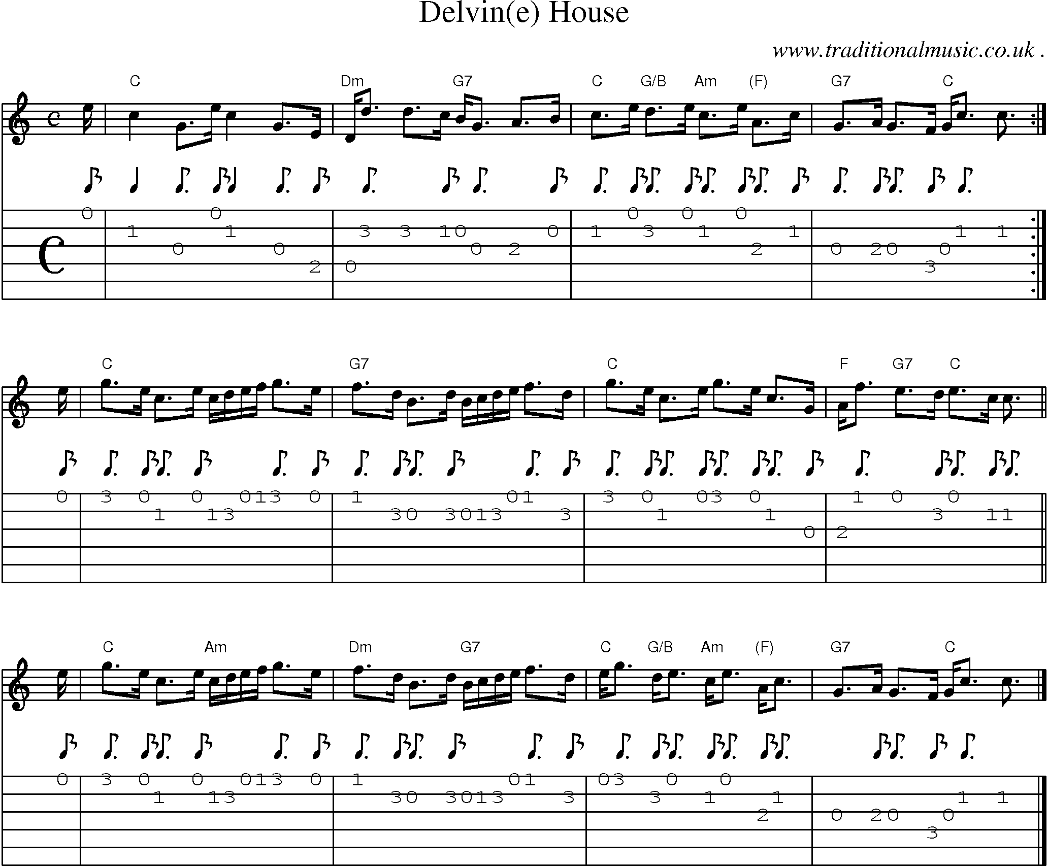Sheet-music  score, Chords and Guitar Tabs for Delvine House