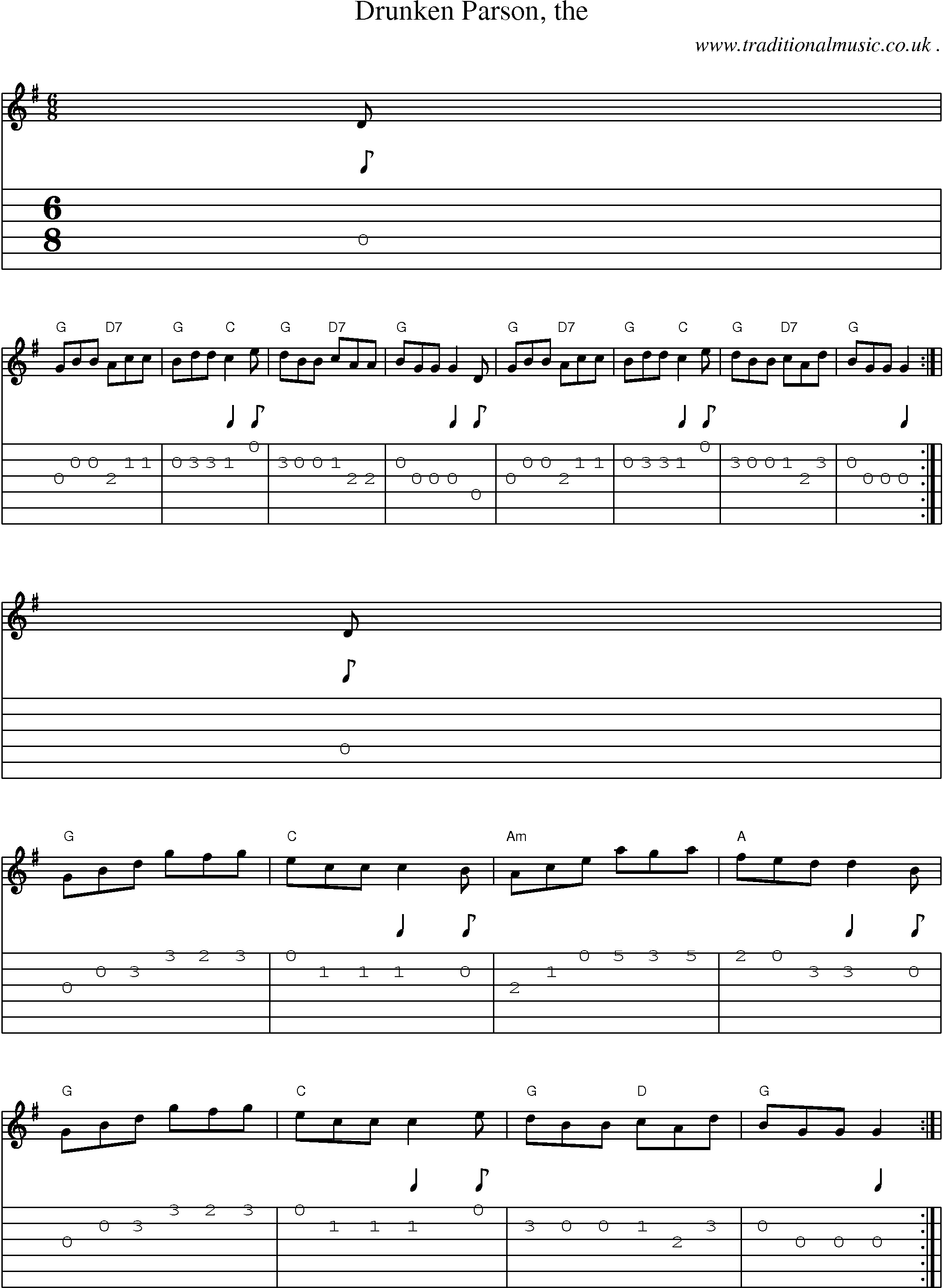 Sheet-music  score, Chords and Guitar Tabs for Drunken Parson The