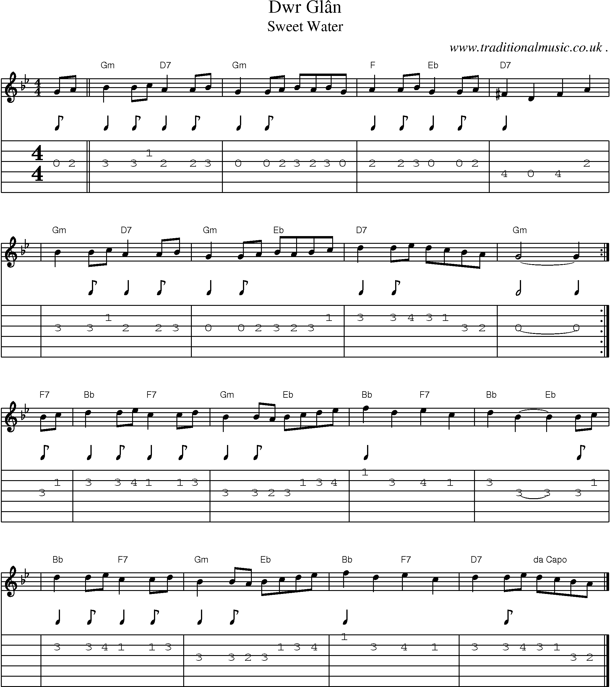 Sheet-music  score, Chords and Guitar Tabs for Dwr Glan