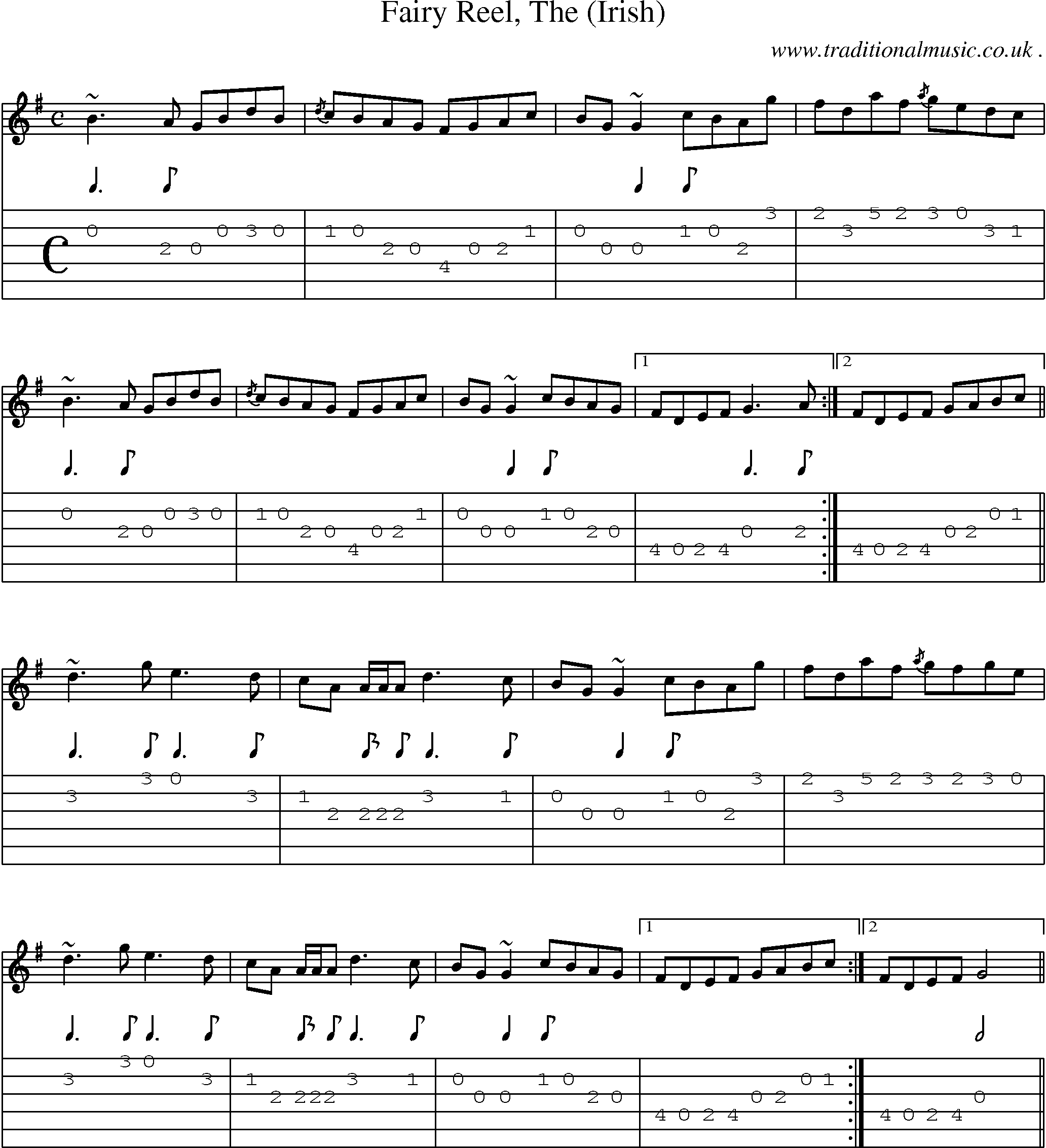 Sheet-music  score, Chords and Guitar Tabs for Fairy Reel The Irish