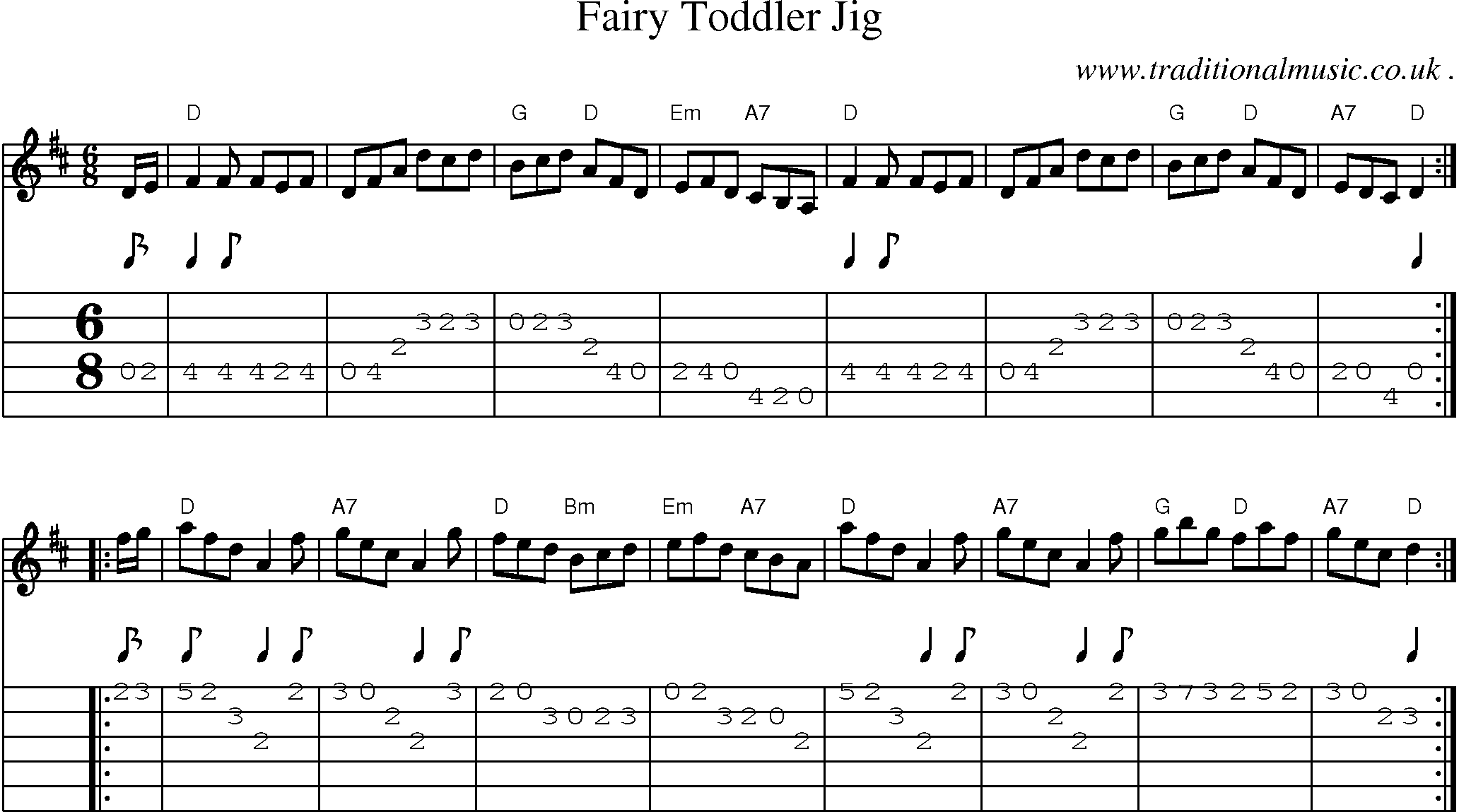 Sheet-music  score, Chords and Guitar Tabs for Fairy Toddler Jig