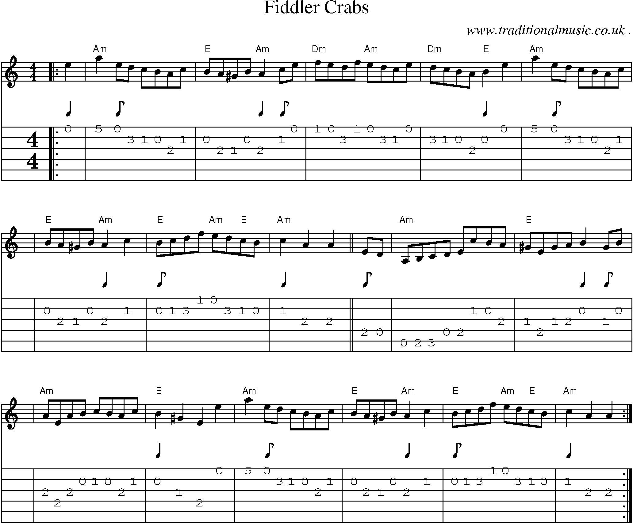 Sheet-music  score, Chords and Guitar Tabs for Fiddler Crabs