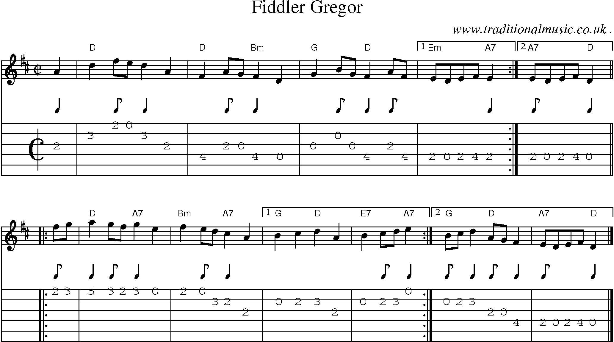 Sheet-music  score, Chords and Guitar Tabs for Fiddler Gregor