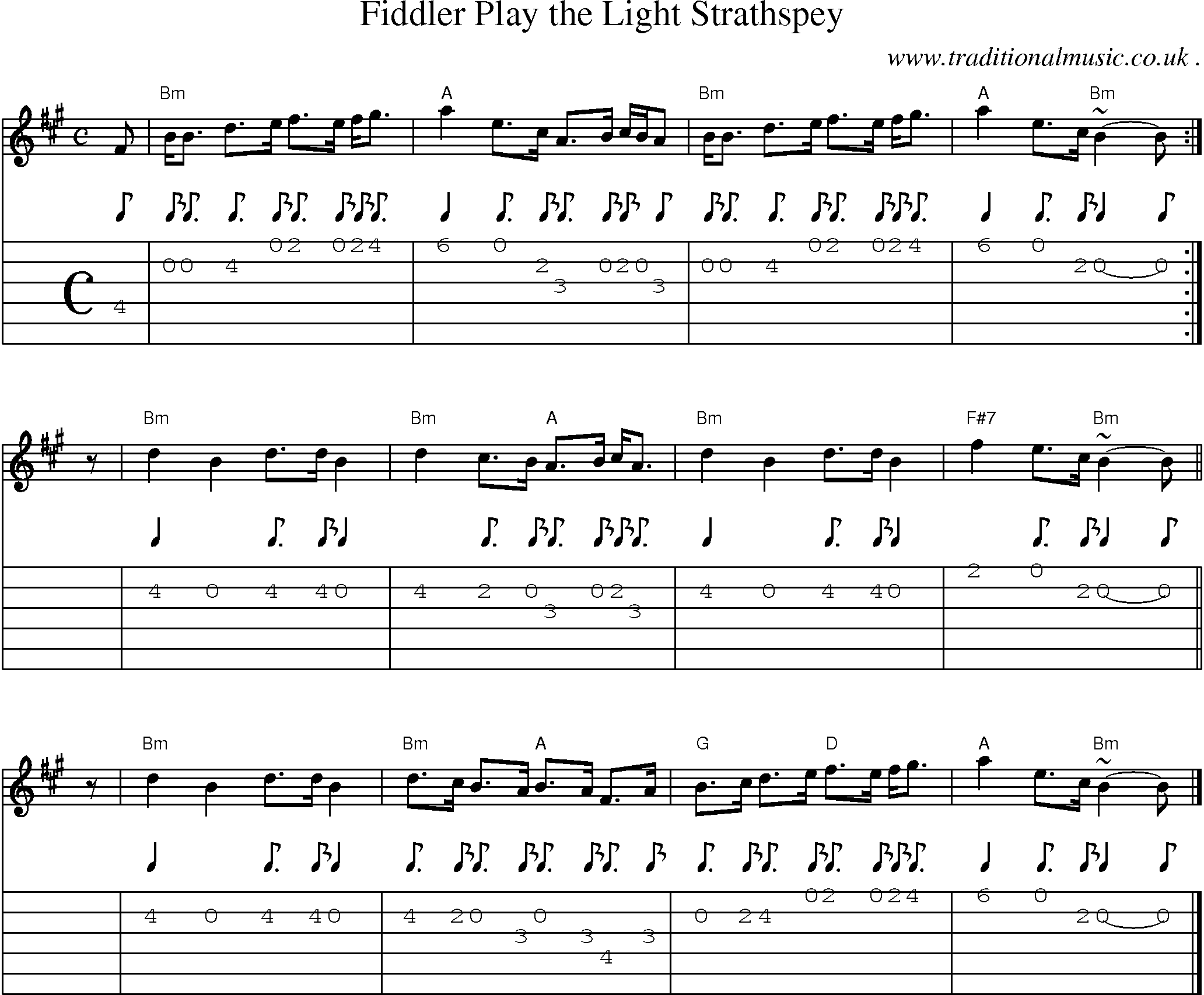 Sheet-music  score, Chords and Guitar Tabs for Fiddler Play The Light Strathspey