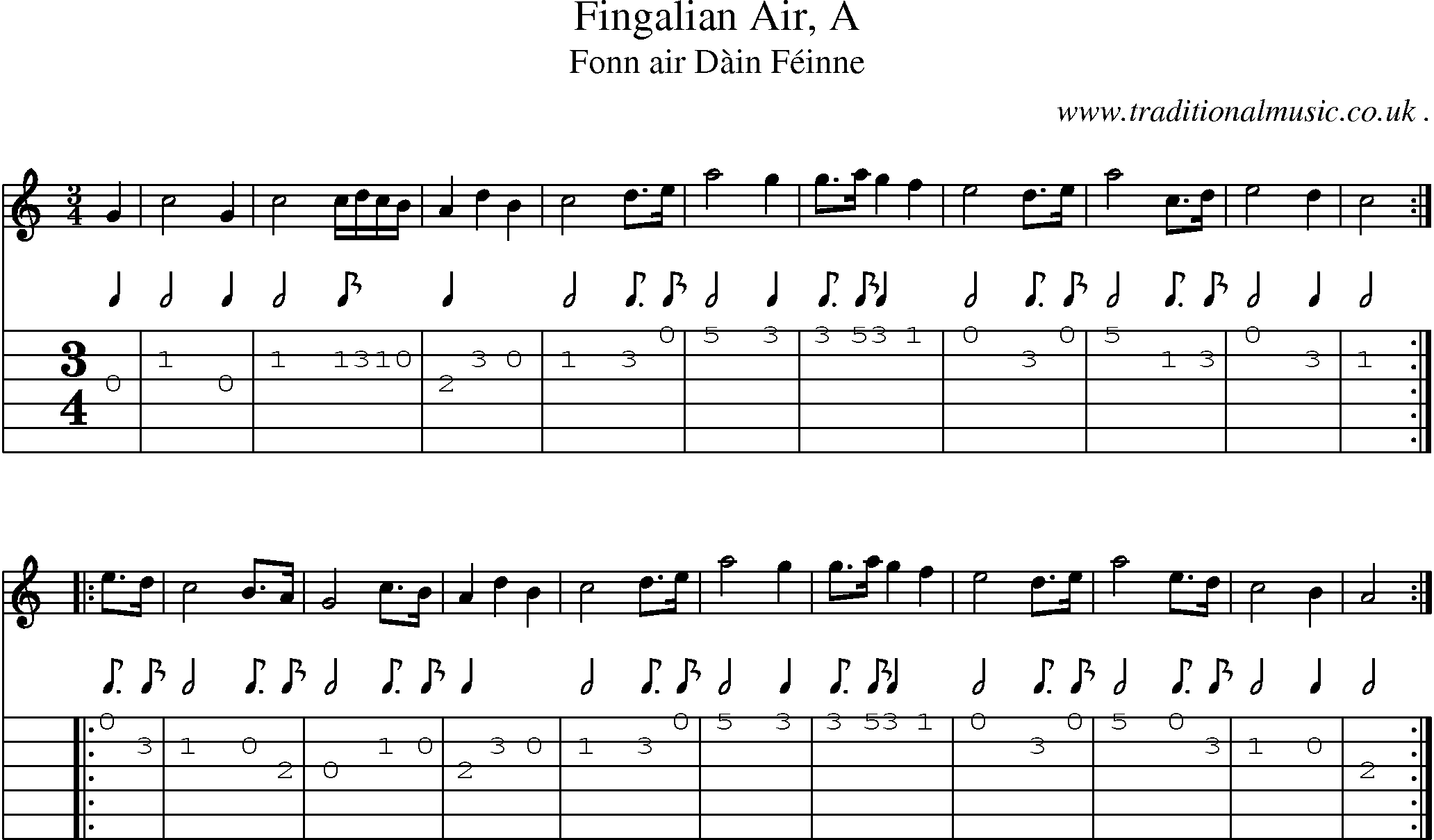 Sheet-music  score, Chords and Guitar Tabs for Fingalian Air A