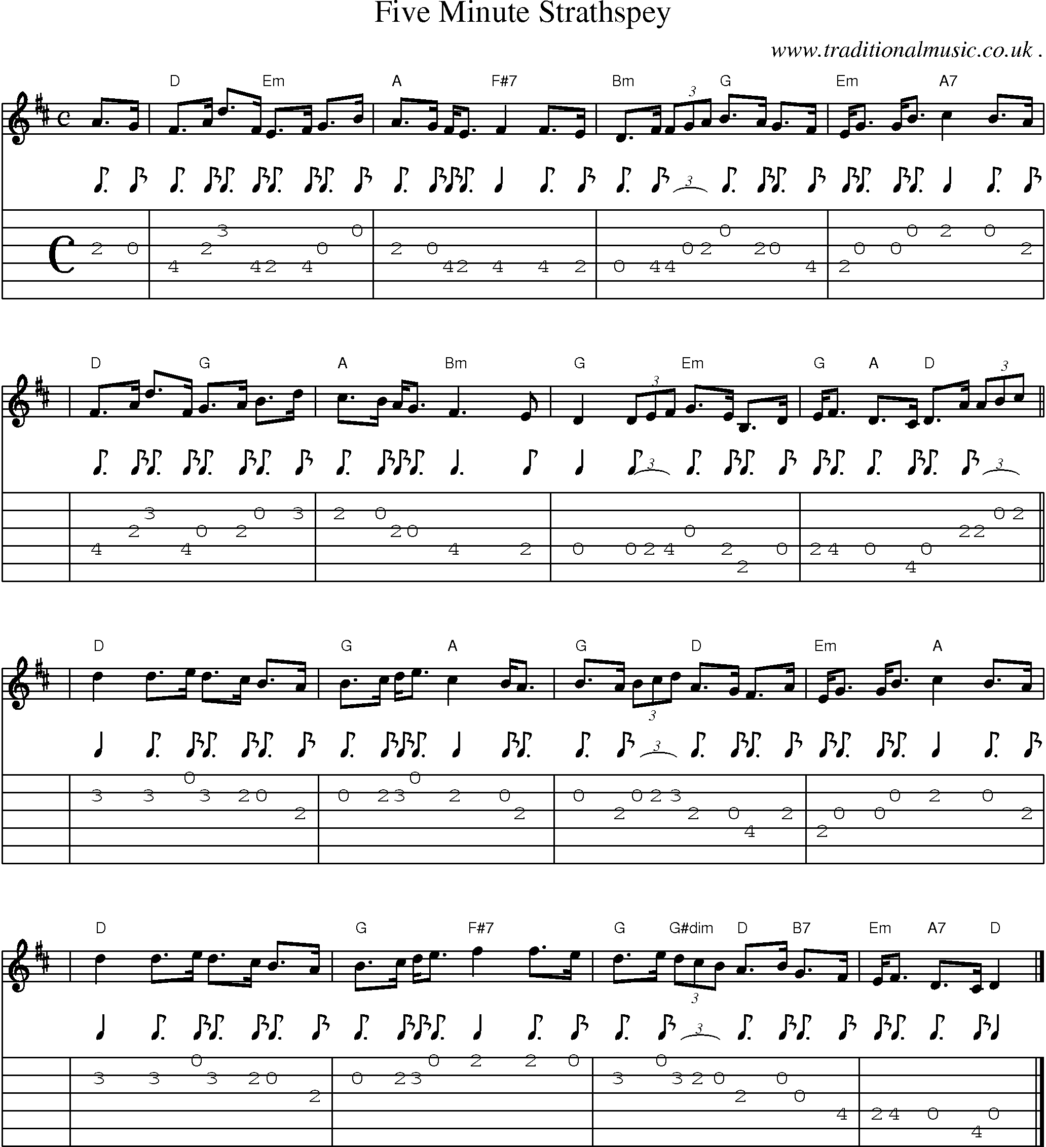 Sheet-music  score, Chords and Guitar Tabs for Five Minute Strathspey