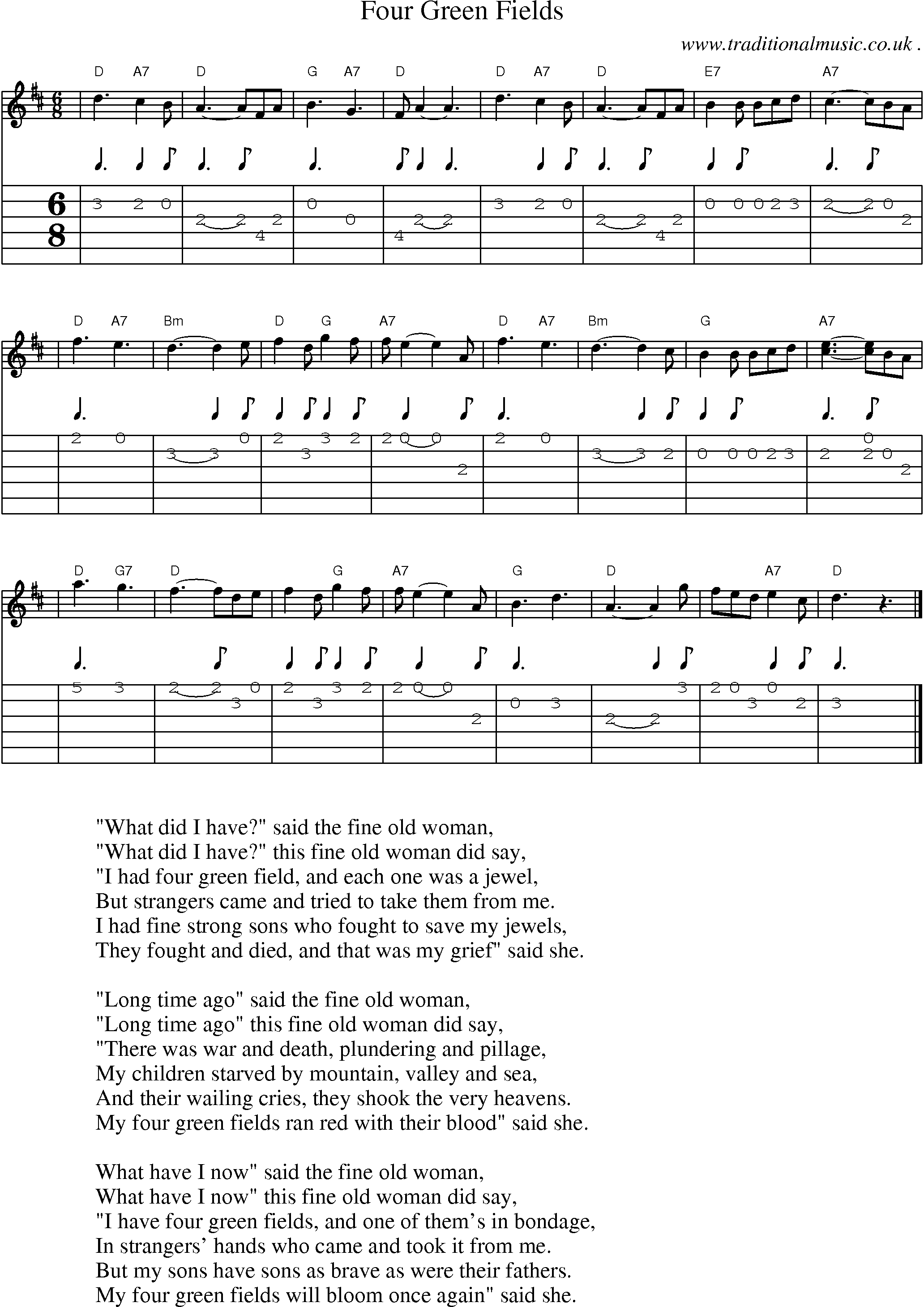 Sheet-music  score, Chords and Guitar Tabs for Four Green Fields