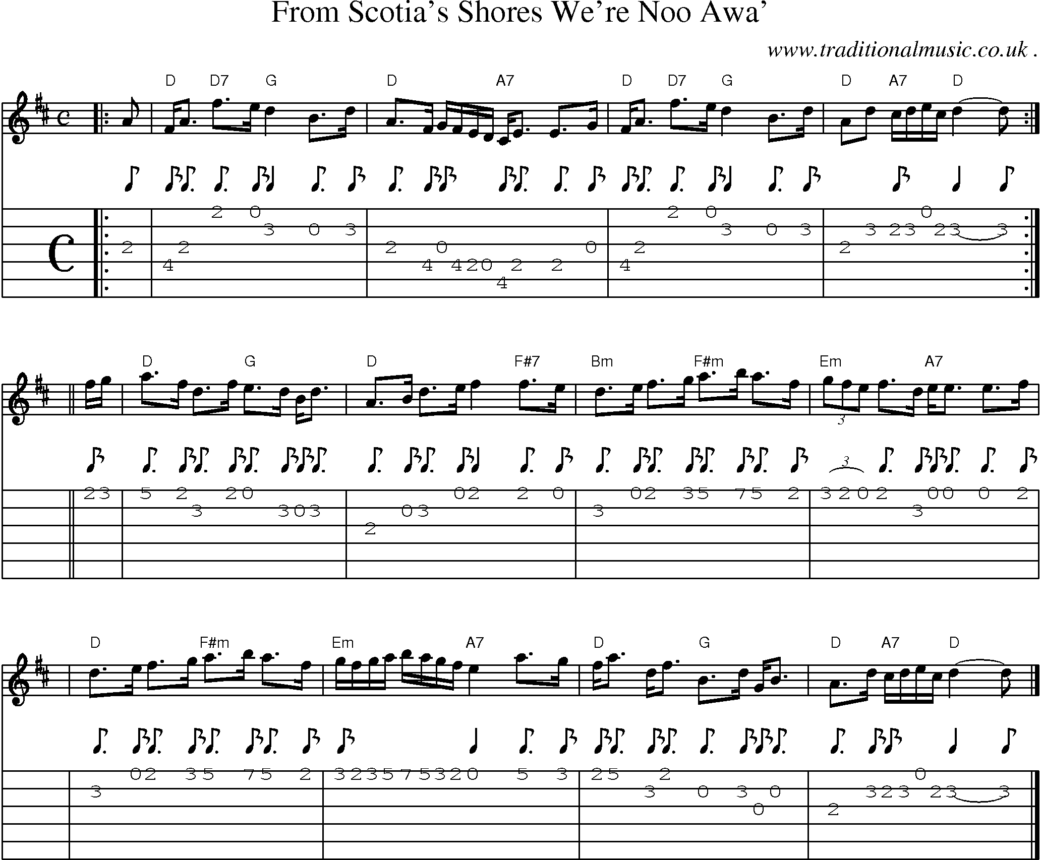 Sheet-music  score, Chords and Guitar Tabs for From Scotias Shores Were Noo Awa
