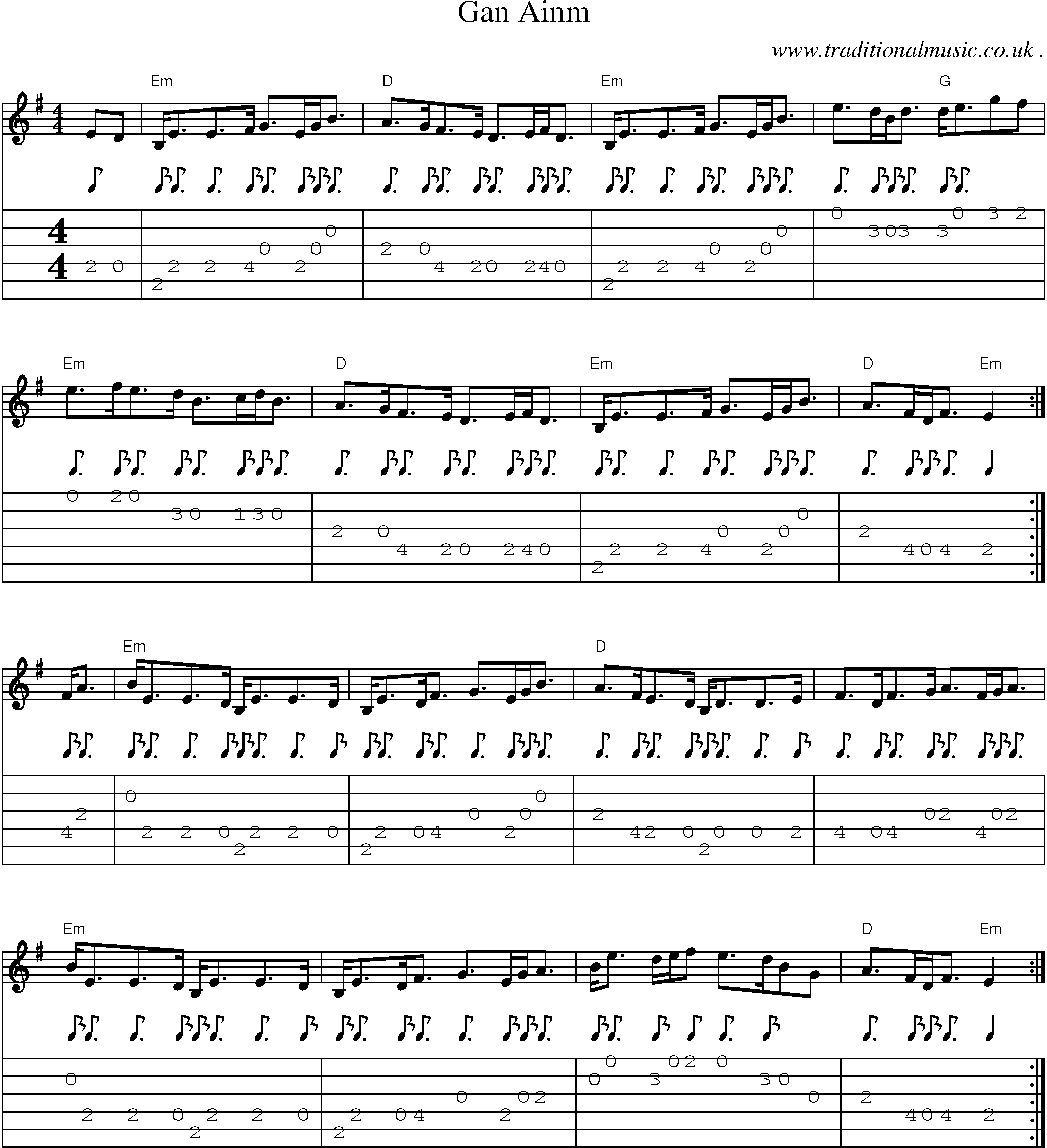 Sheet-music  score, Chords and Guitar Tabs for Gan Ainm