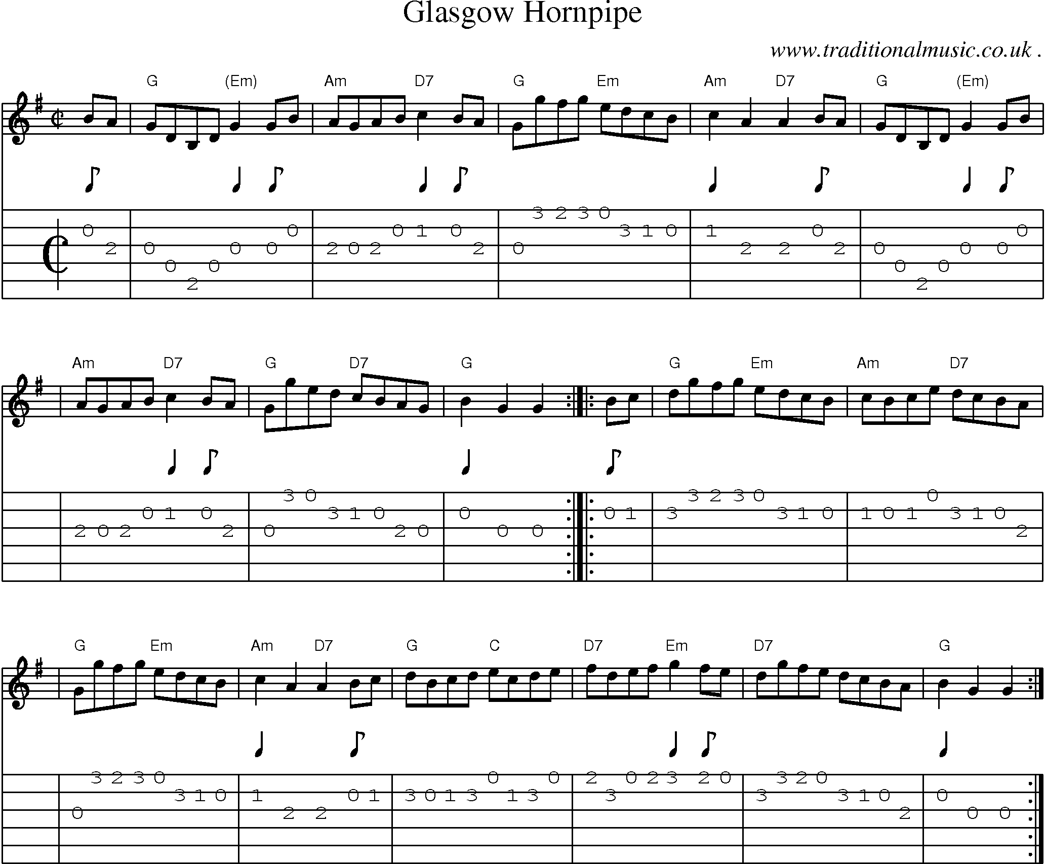 Sheet-music  score, Chords and Guitar Tabs for Glasgow Hornpipe