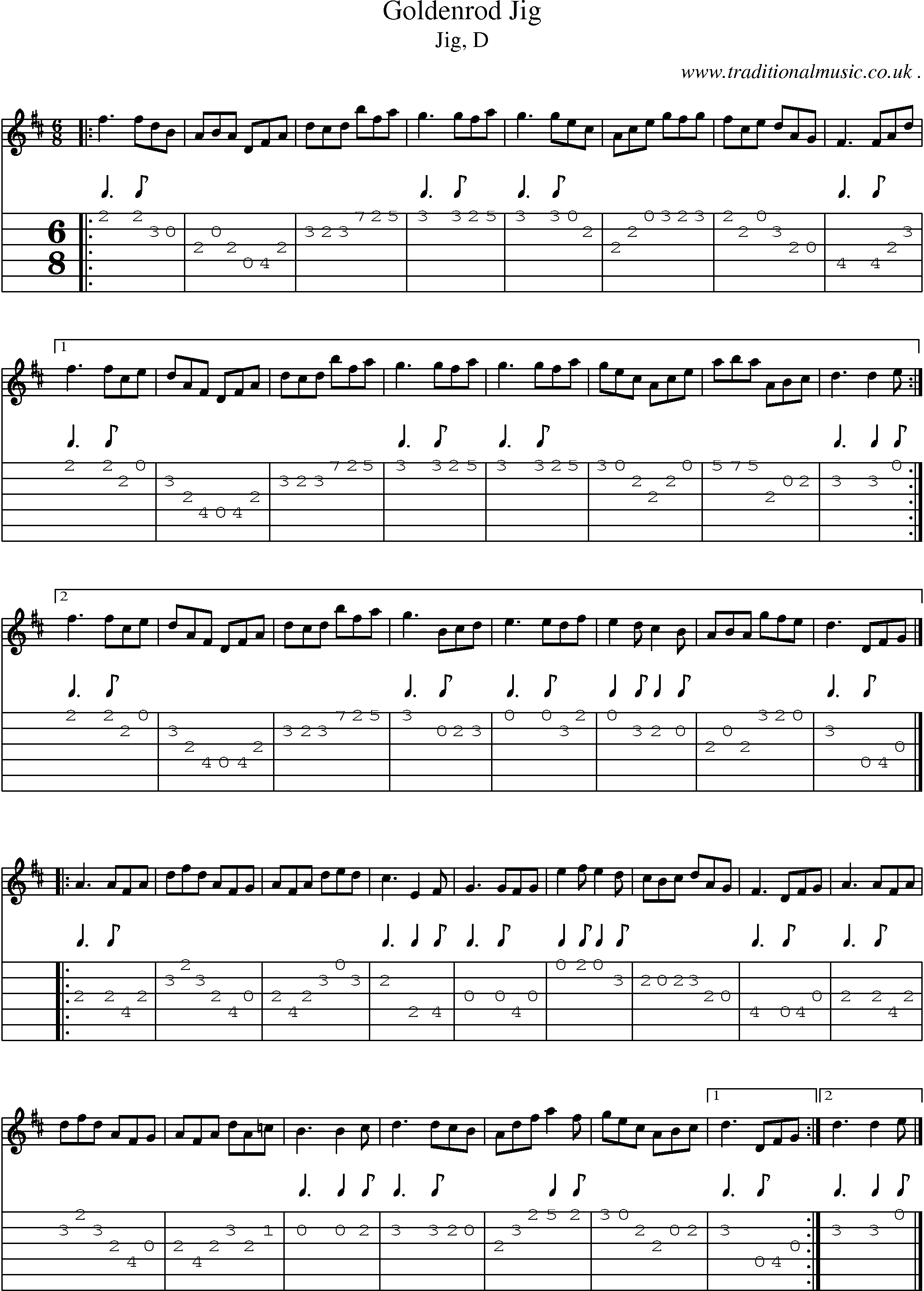 Sheet-music  score, Chords and Guitar Tabs for Goldenrod Jig