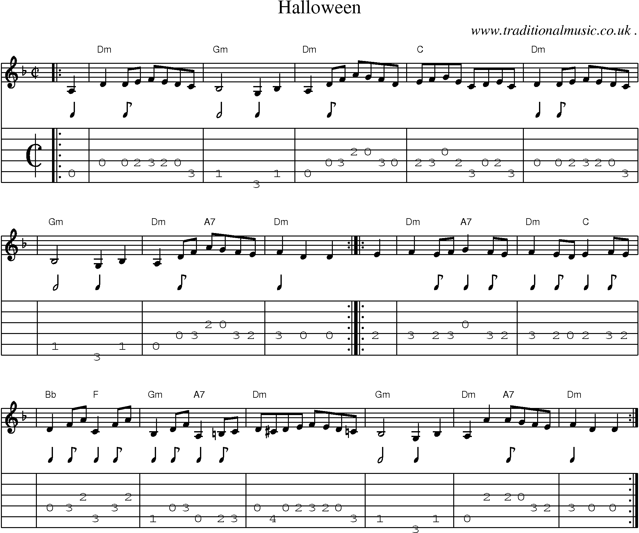 Sheet-music  score, Chords and Guitar Tabs for Halloween
