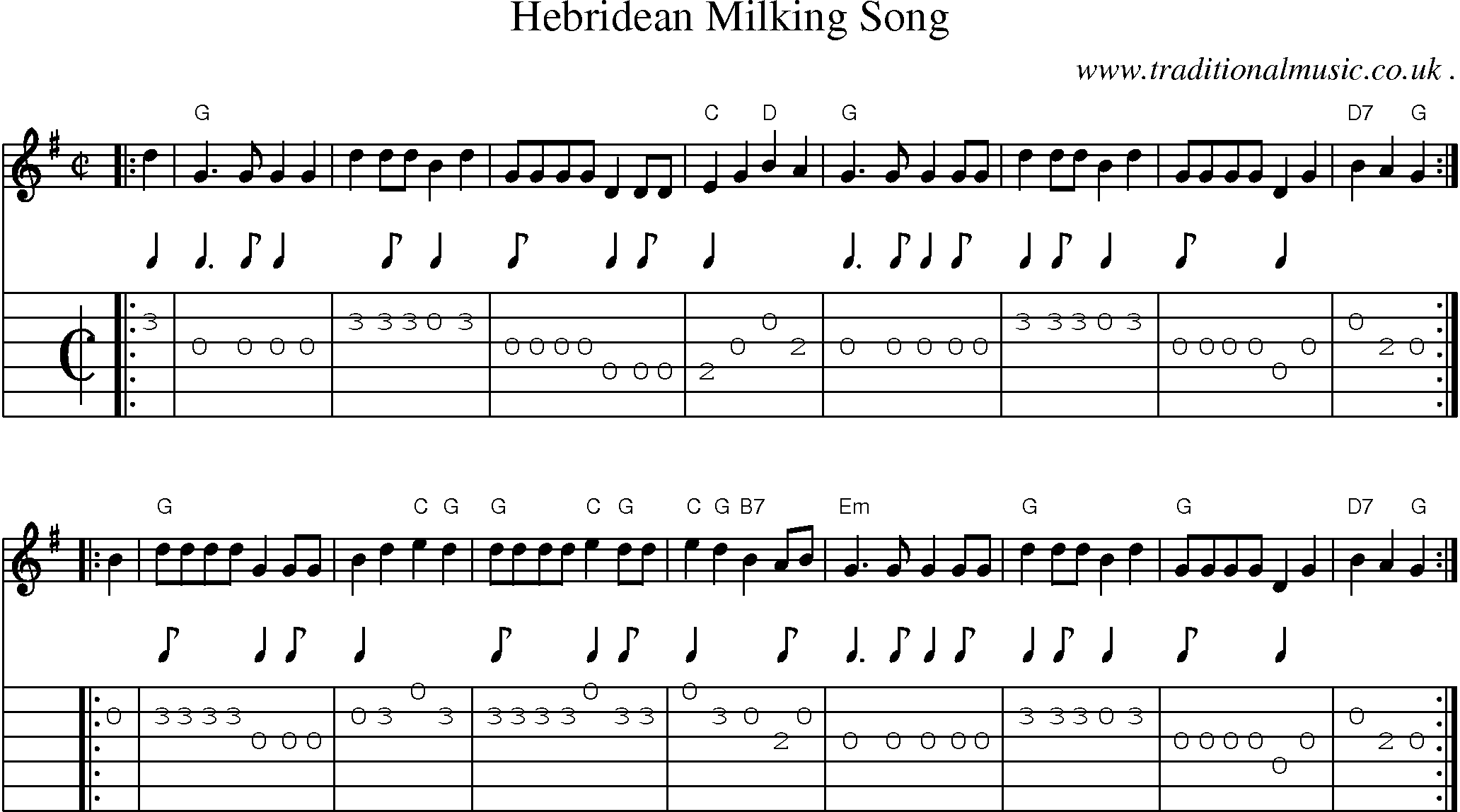 Sheet-music  score, Chords and Guitar Tabs for Hebridean Milking Song