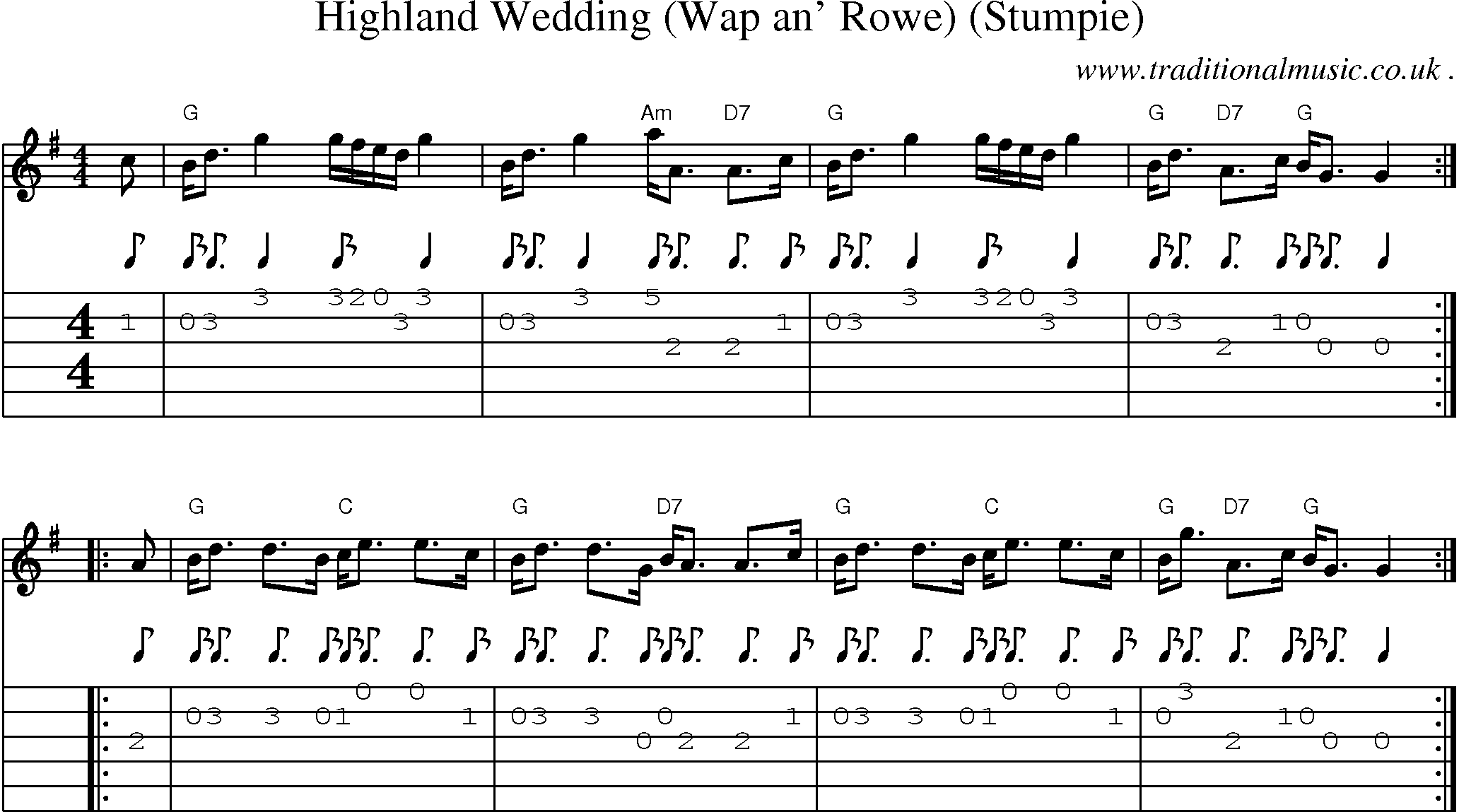 Sheet-music  score, Chords and Guitar Tabs for Highland Wedding Wap An Rowe Stumpie