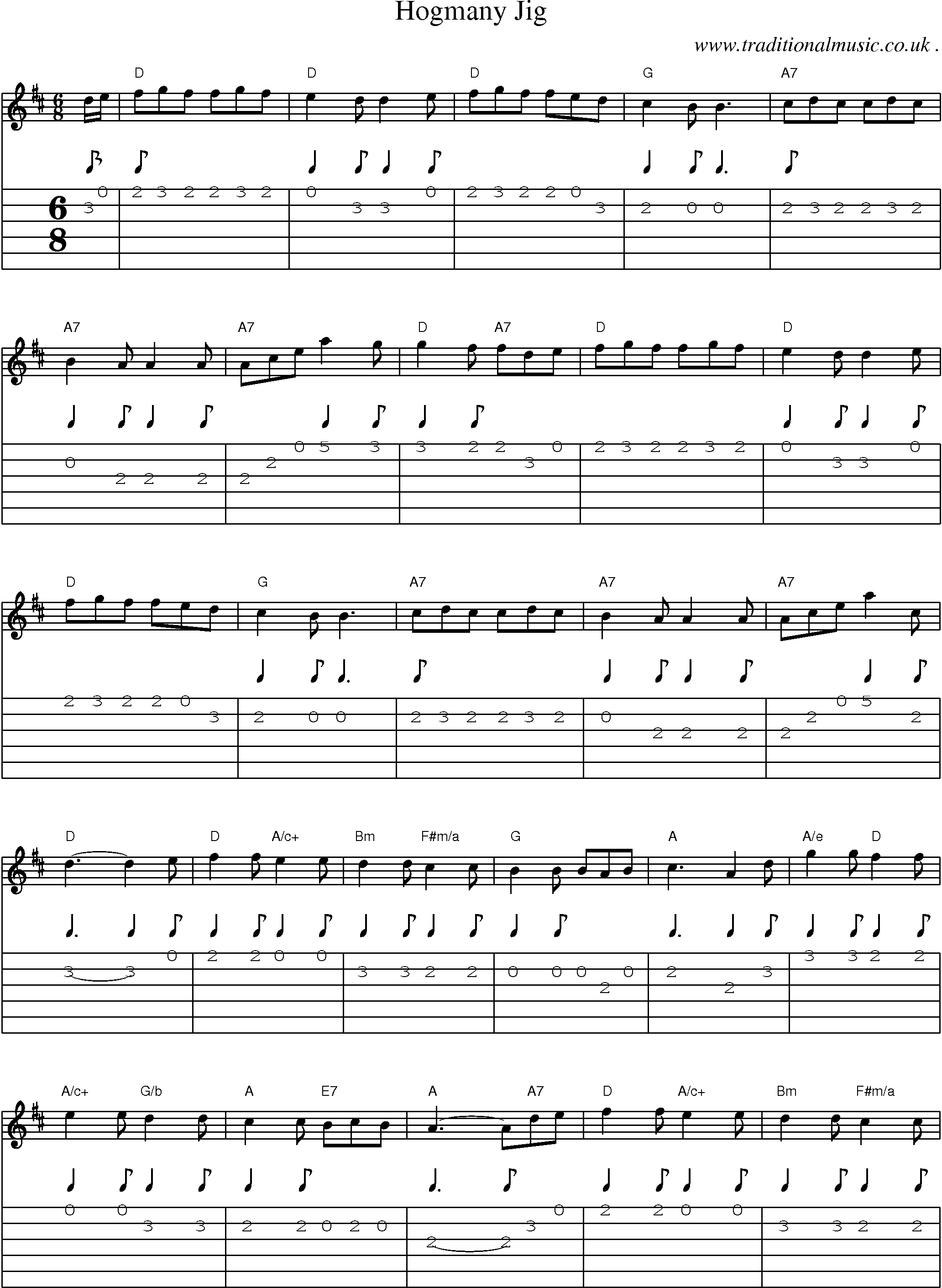 Sheet-music  score, Chords and Guitar Tabs for Hogmany Jig