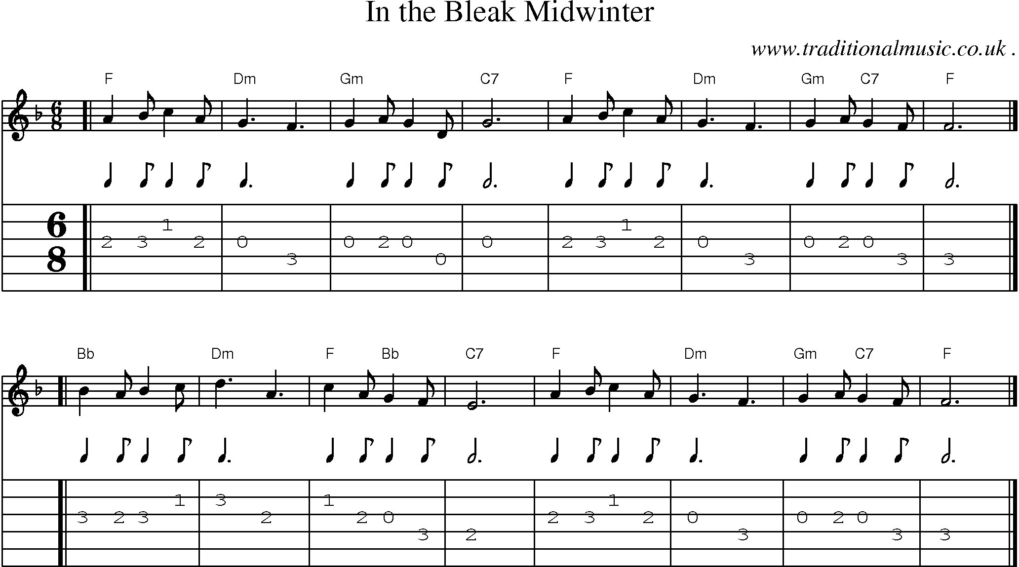 Sheet-music  score, Chords and Guitar Tabs for In The Bleak Midwinter