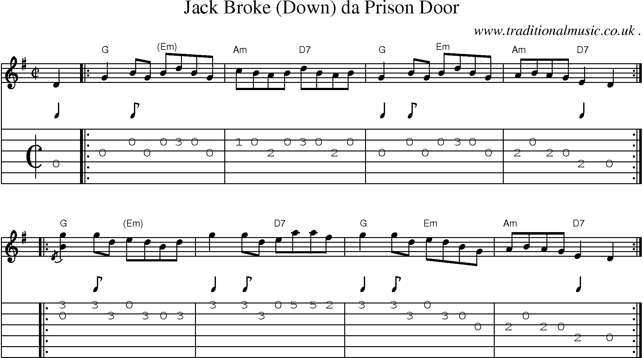 Sheet-music  score, Chords and Guitar Tabs for Jack Broke Down Da Prison Door