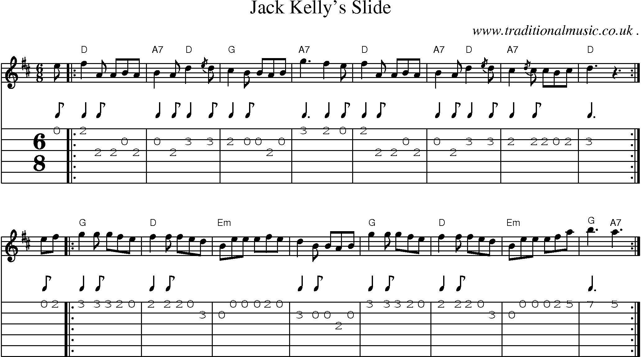 Sheet-music  score, Chords and Guitar Tabs for Jack Kellys Slide