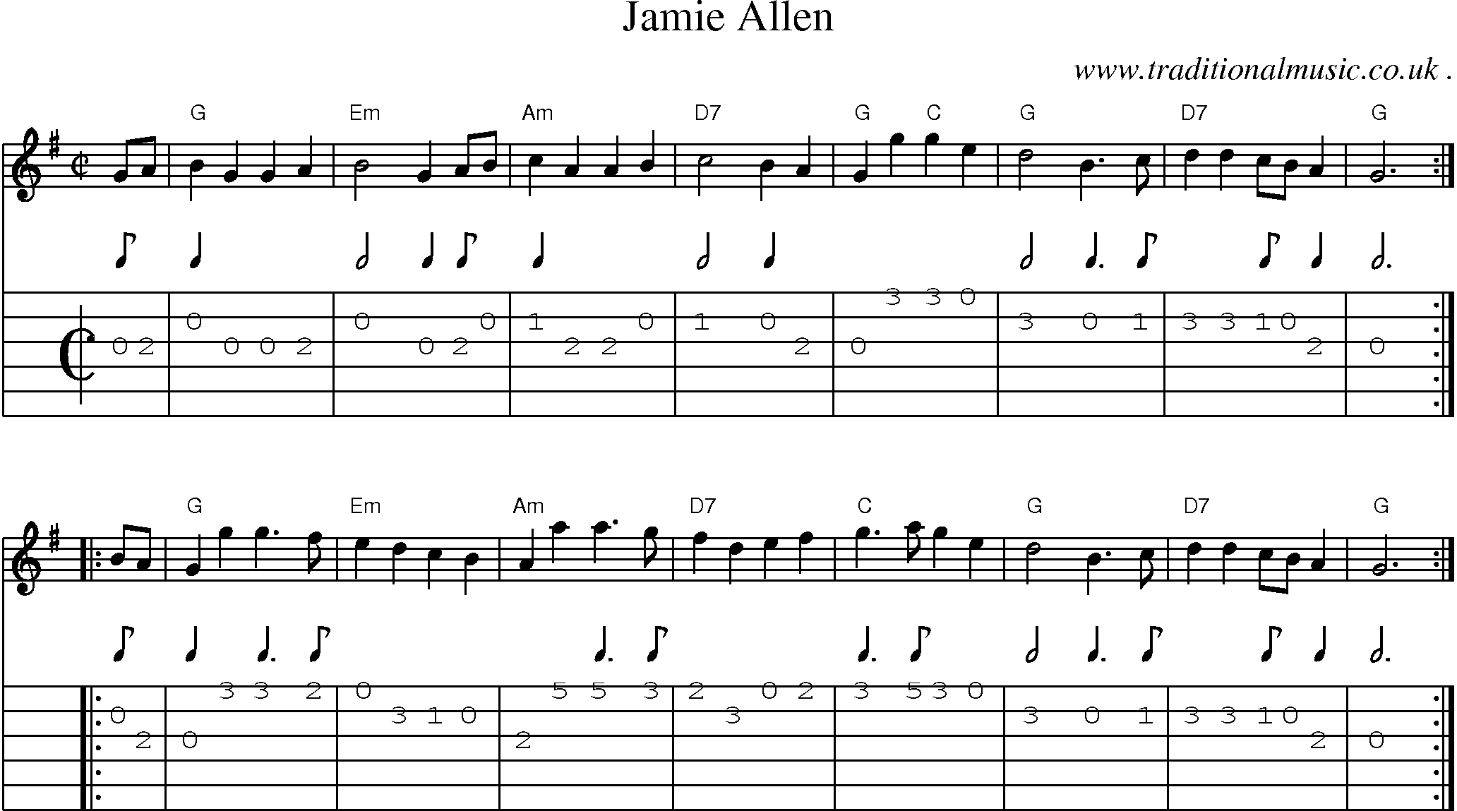 Sheet-music  score, Chords and Guitar Tabs for Jamie Allen