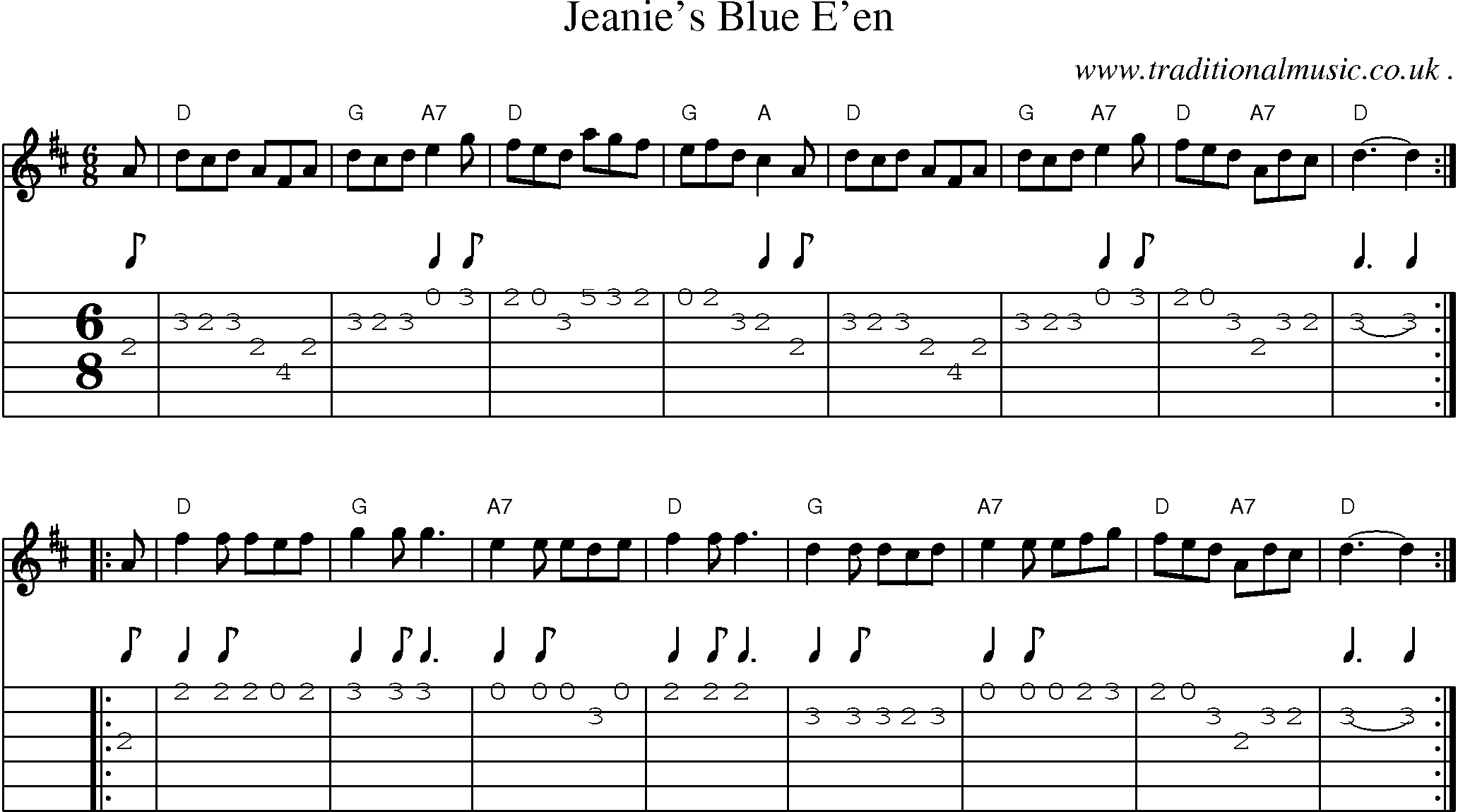 Sheet-music  score, Chords and Guitar Tabs for Jeanies Blue Een