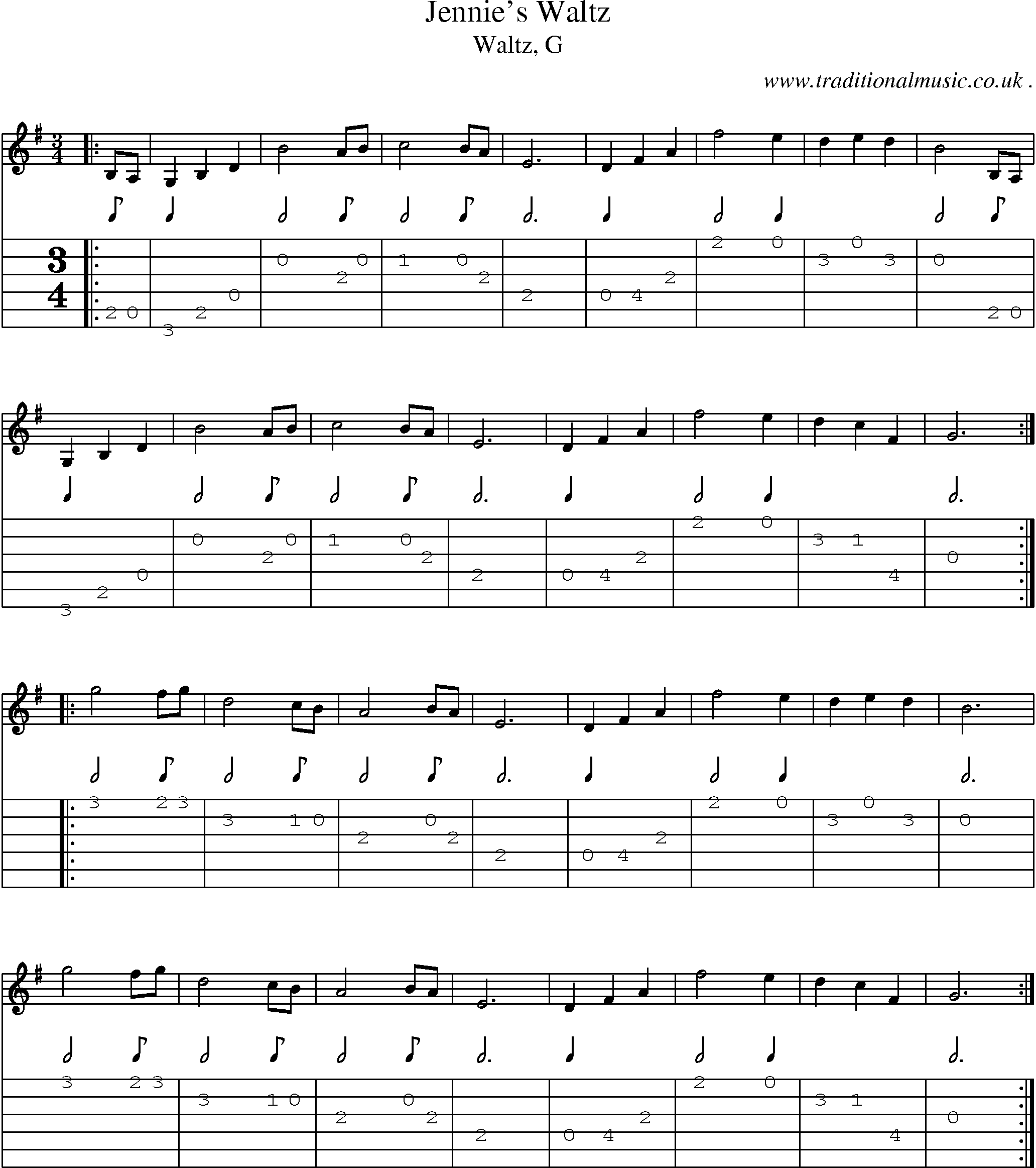 Sheet-music  score, Chords and Guitar Tabs for Jennies Waltz