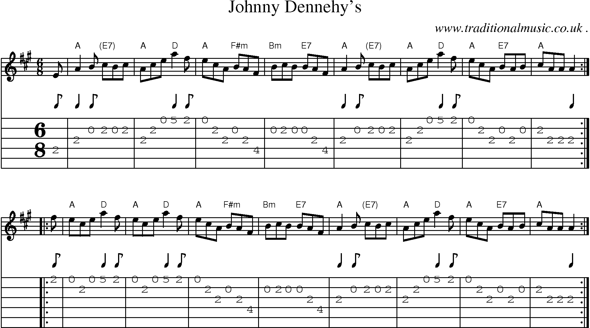 Sheet-music  score, Chords and Guitar Tabs for Johnny Dennehys