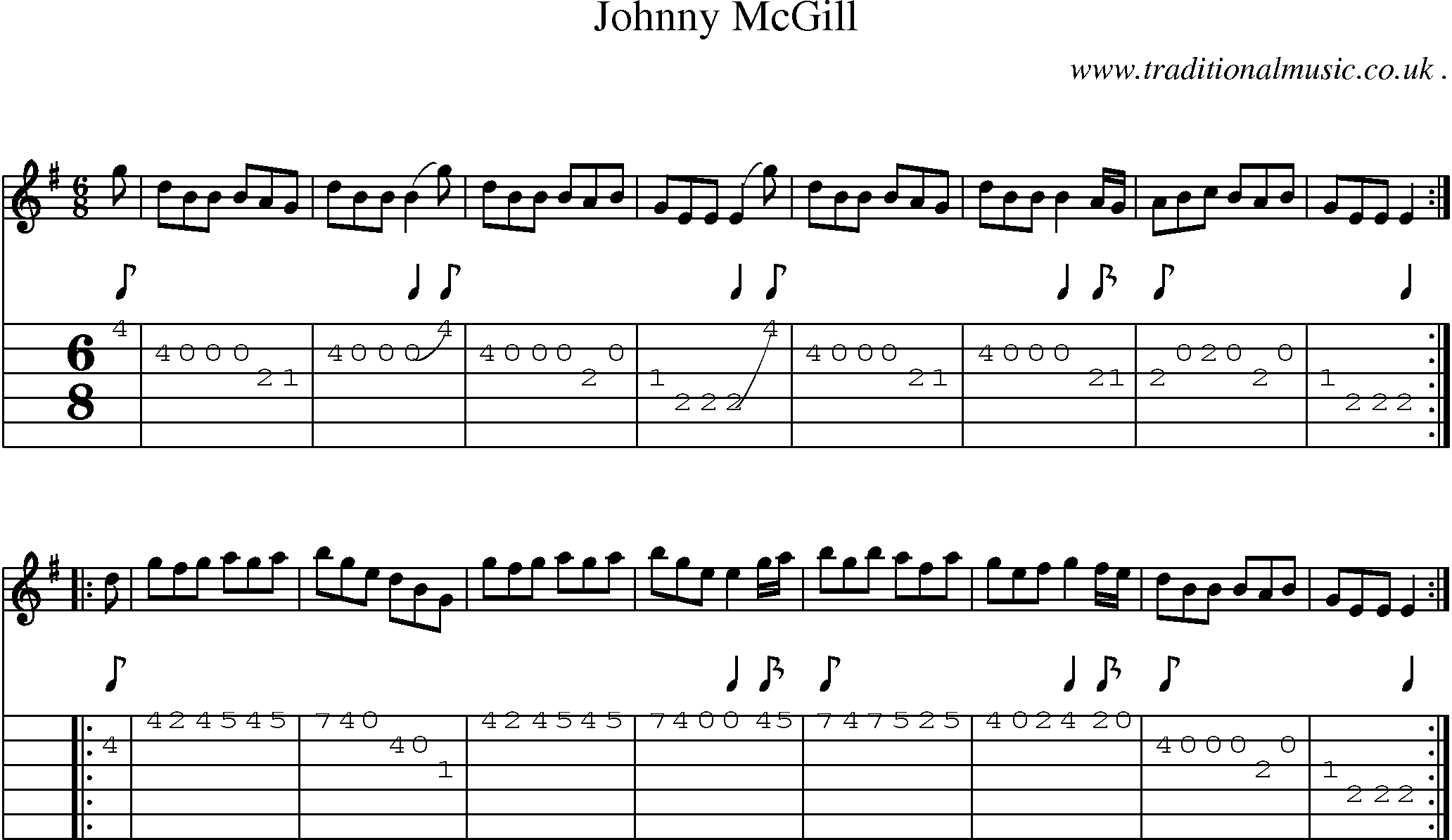 Sheet-music  score, Chords and Guitar Tabs for Johnny Mcgill