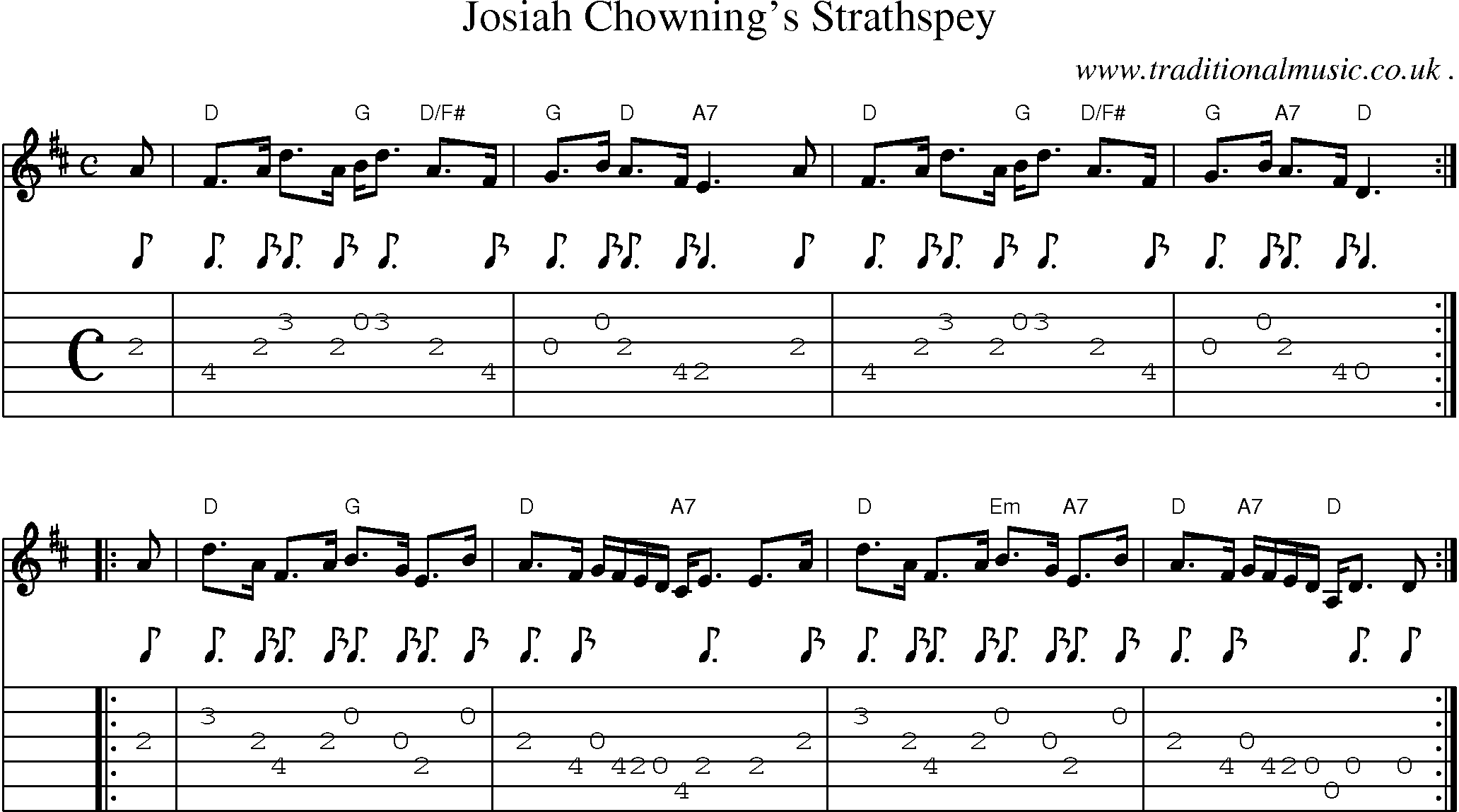 Sheet-music  score, Chords and Guitar Tabs for Josiah Chownings Strathspey