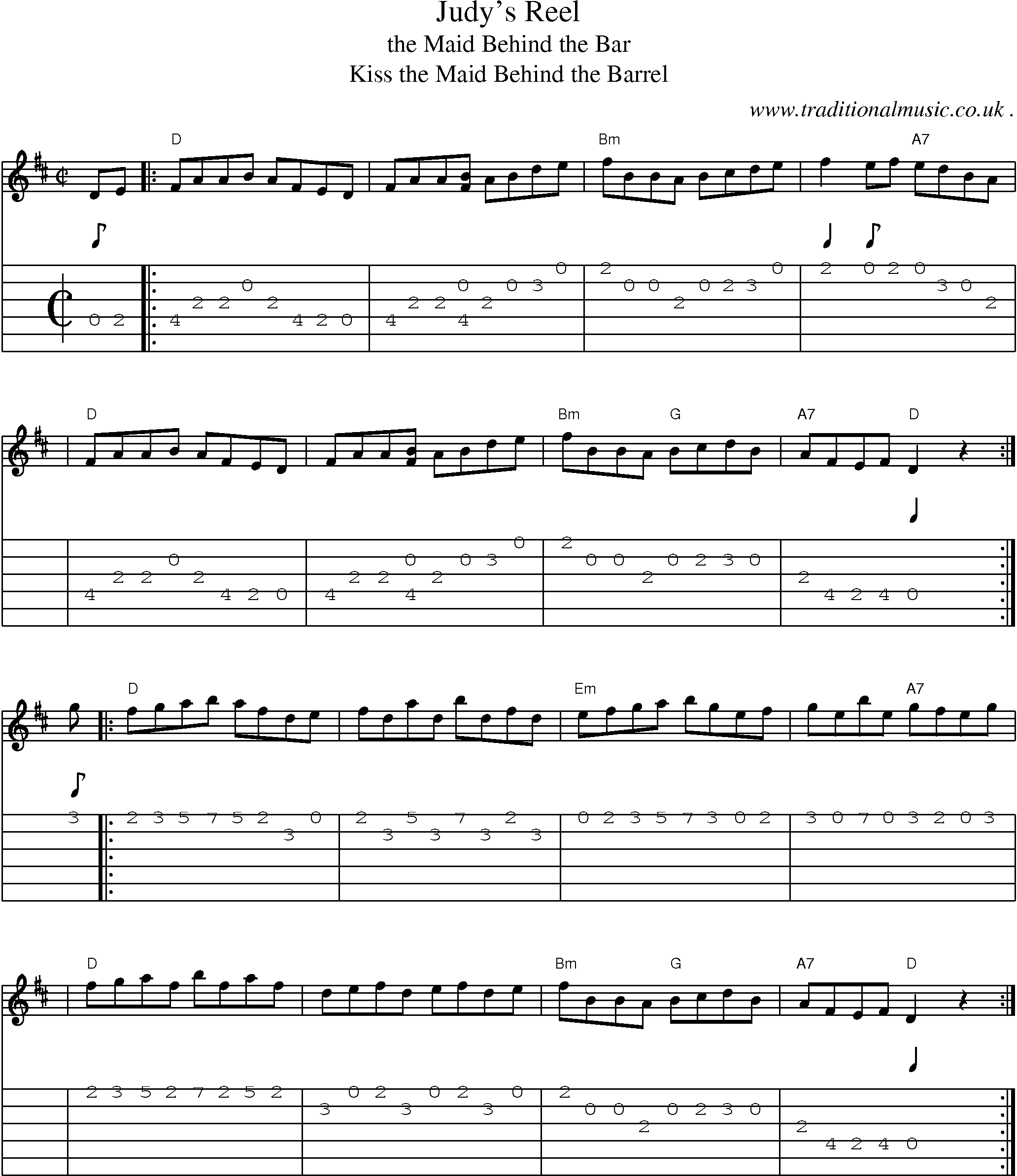 Sheet-music  score, Chords and Guitar Tabs for Judys Reel