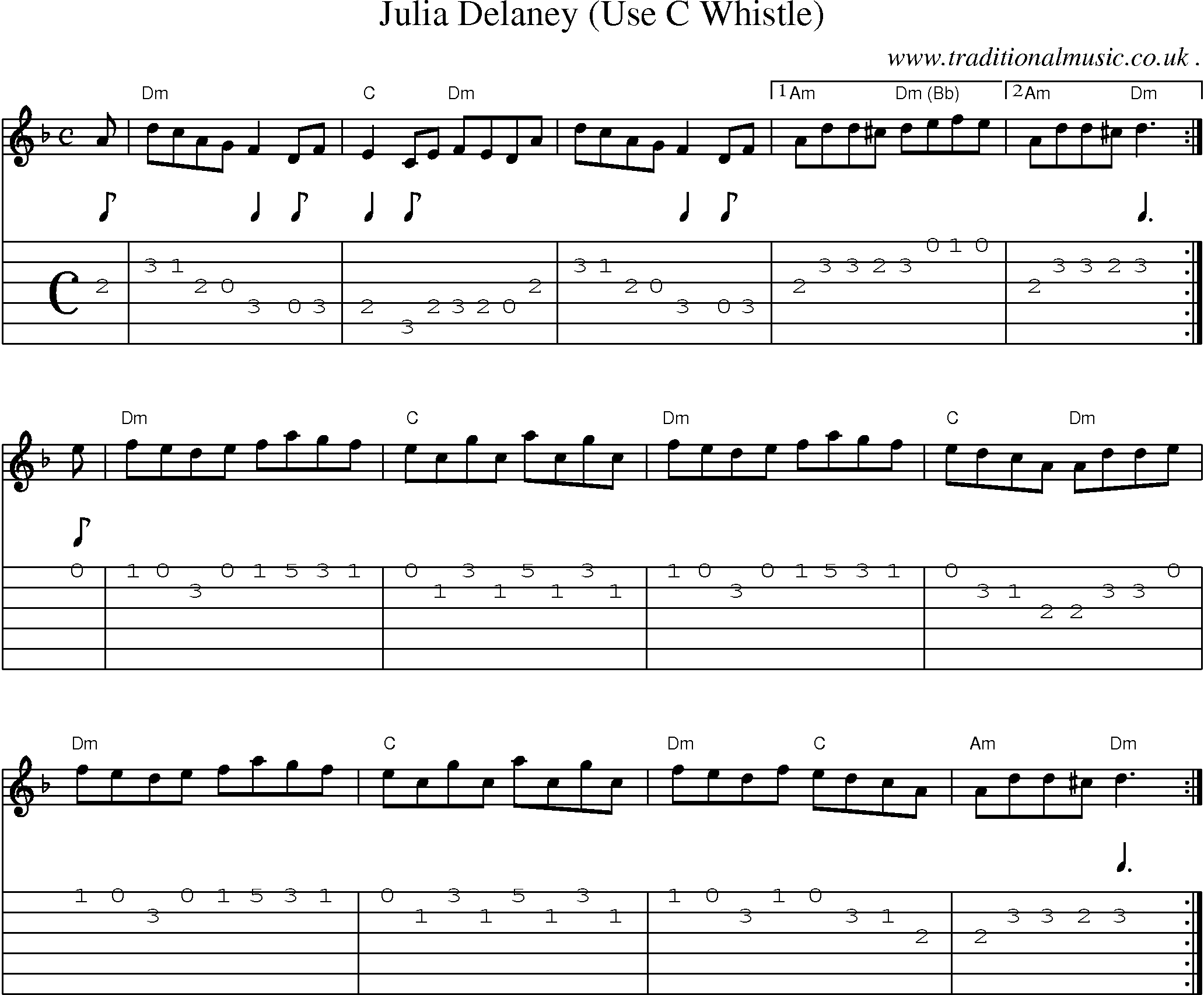 Sheet-music  score, Chords and Guitar Tabs for Julia Delaney Use C Whistle