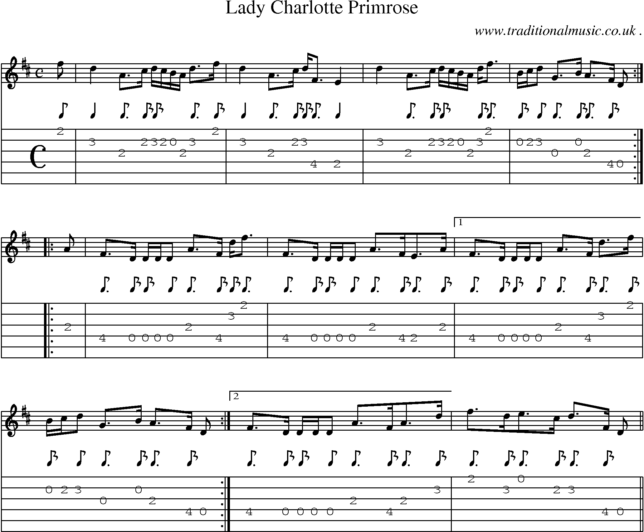 Sheet-music  score, Chords and Guitar Tabs for Lady Charlotte Primrose